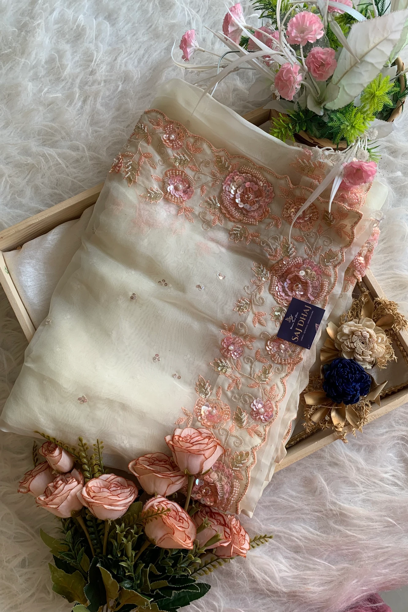 Ivory 3D Pure Silk Organza Saree 5850 08