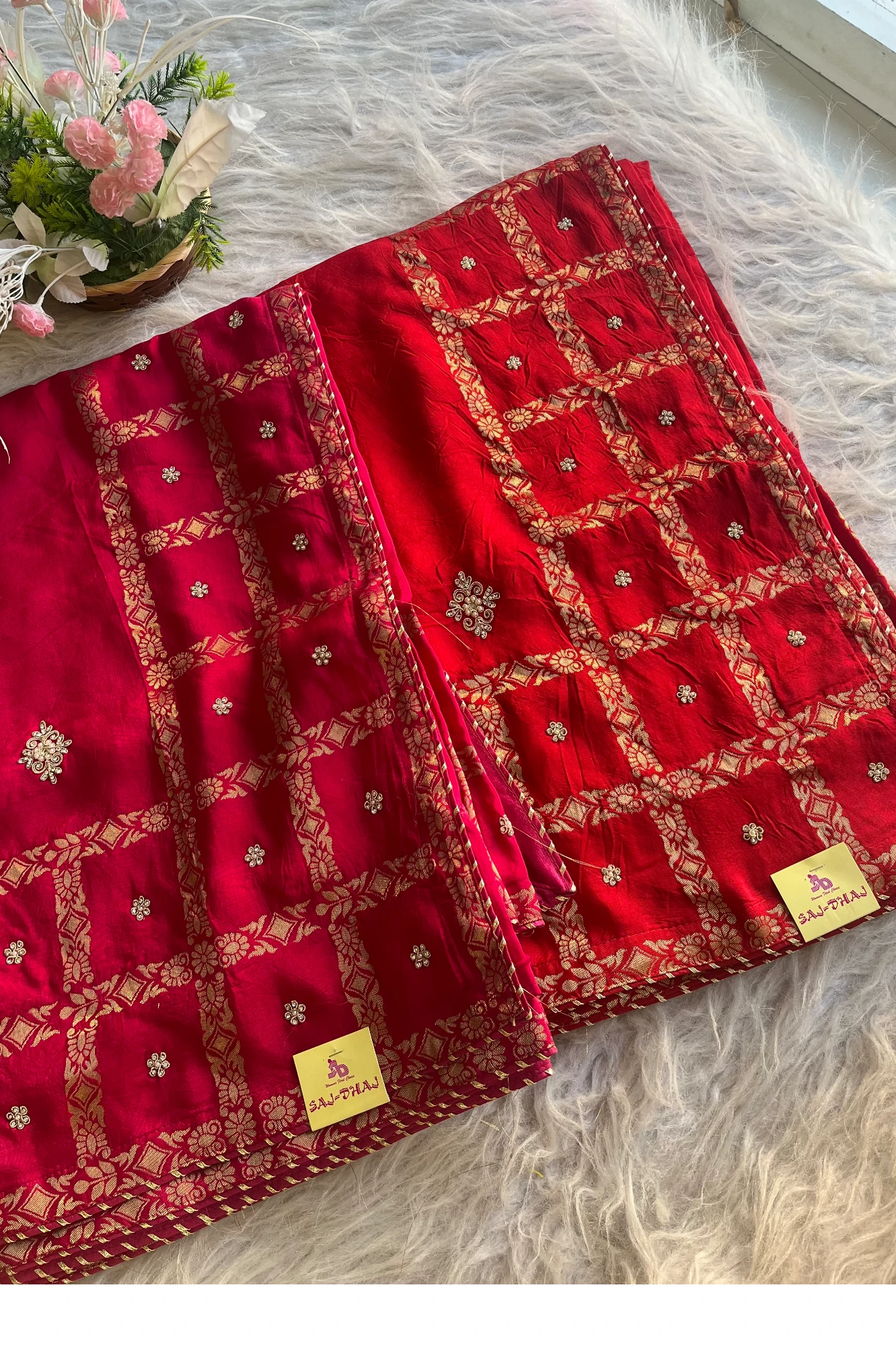 Russian Silk Saree with Banarasi Checker Pallu & Zari, Pearl, Stone Buttis 5273 10