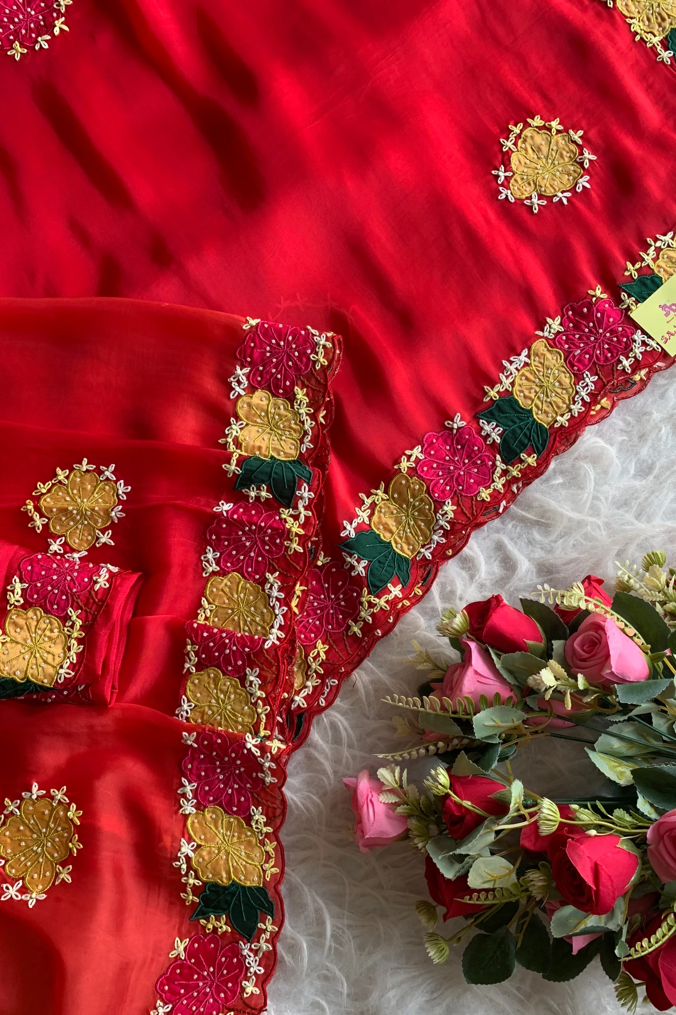 Shaded Red Applique Habutai Silk Saree 5650 13