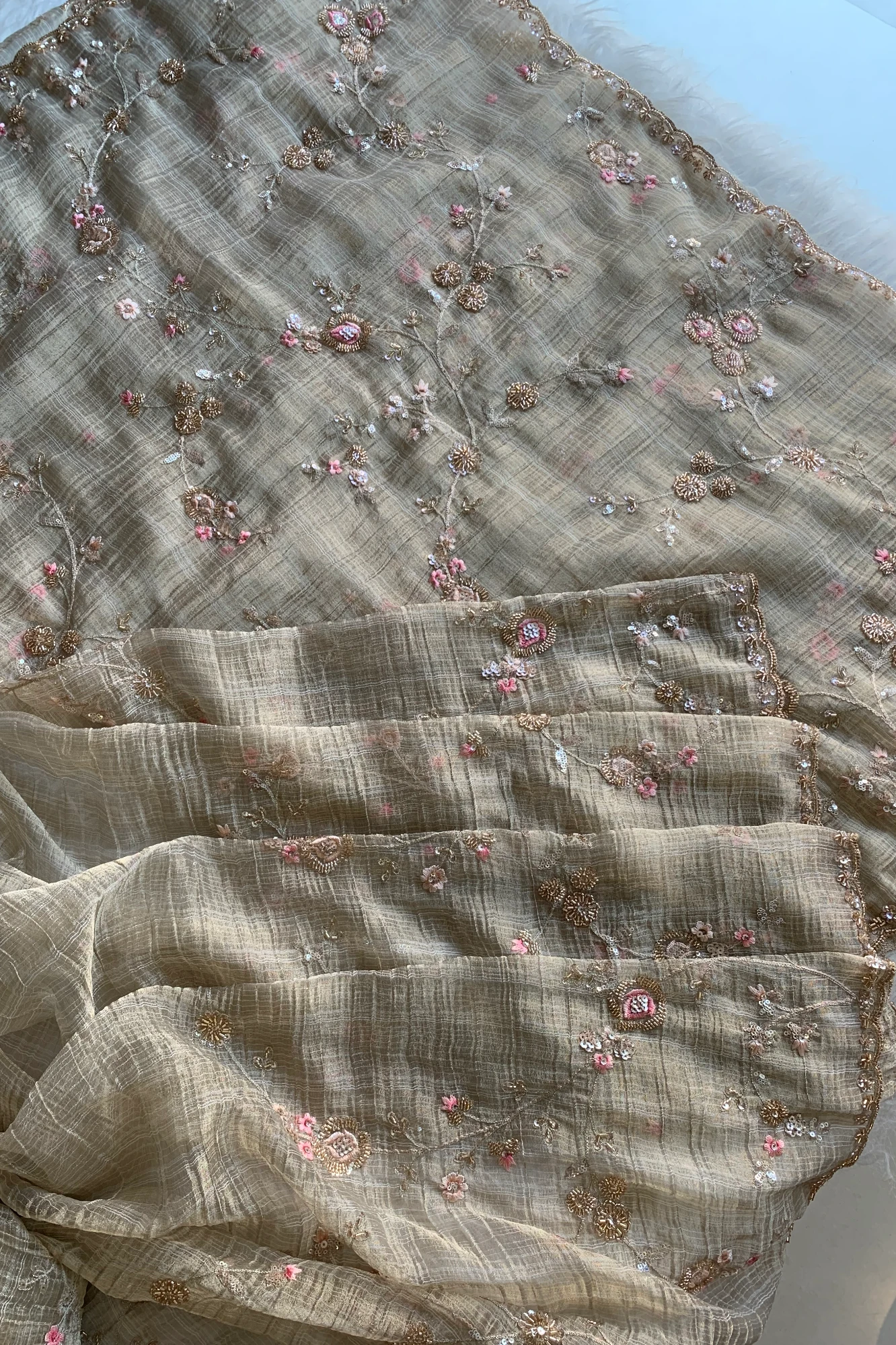 Beige Floral Embellished Tissue Saree 5841 03