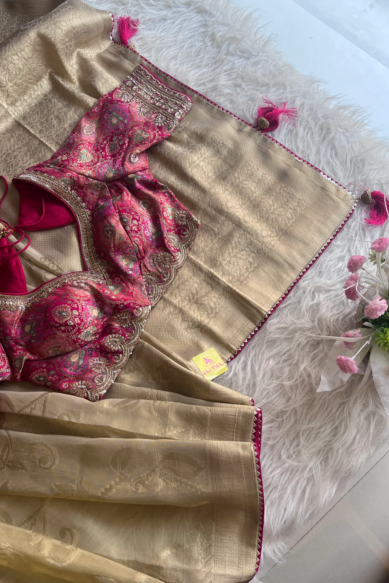 Beige Banarasi Saree with Red Jamawar Blouse