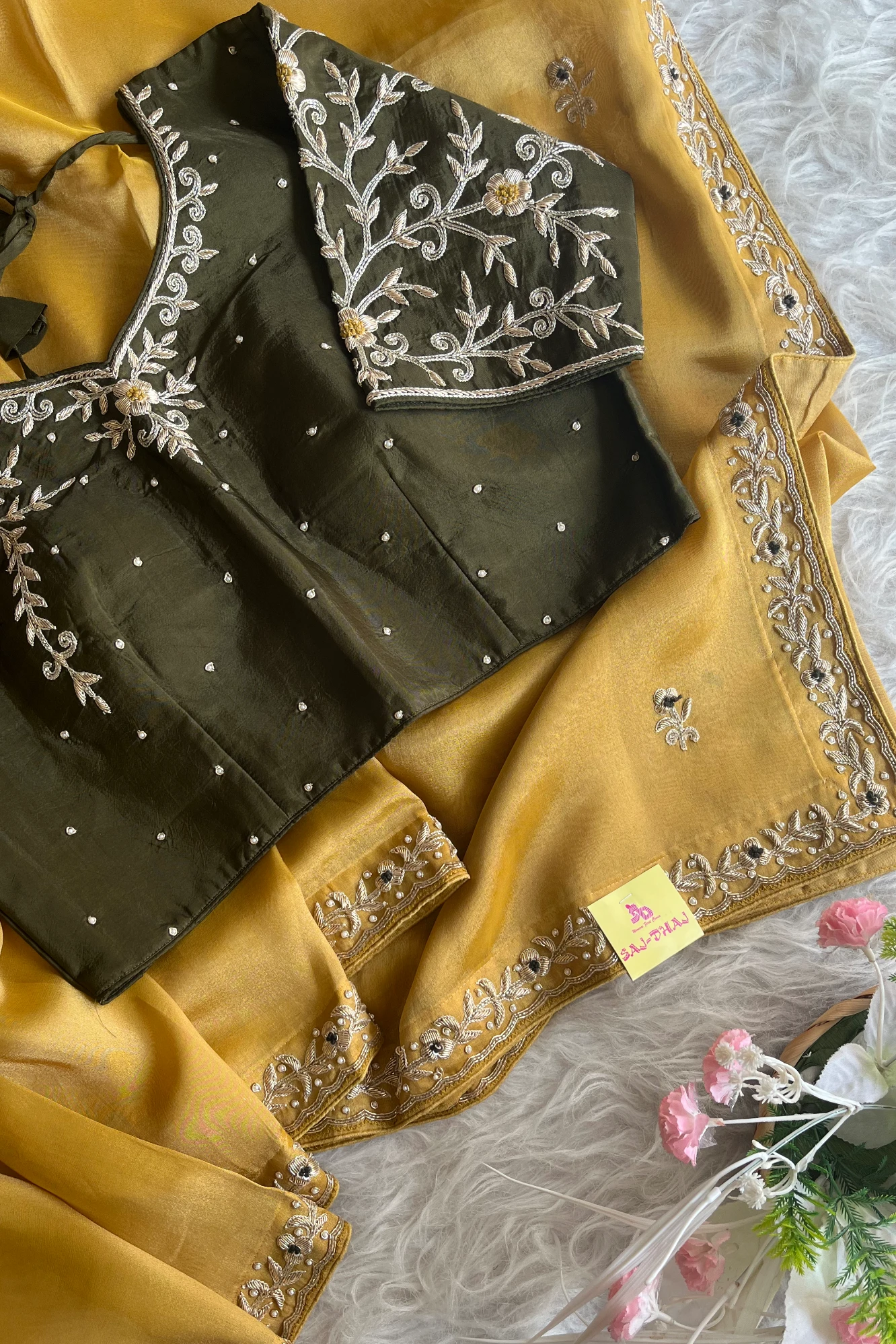 Dull Mustard Yellow Tissue Saree with Zardosi Border & Green Blouse 5525 09