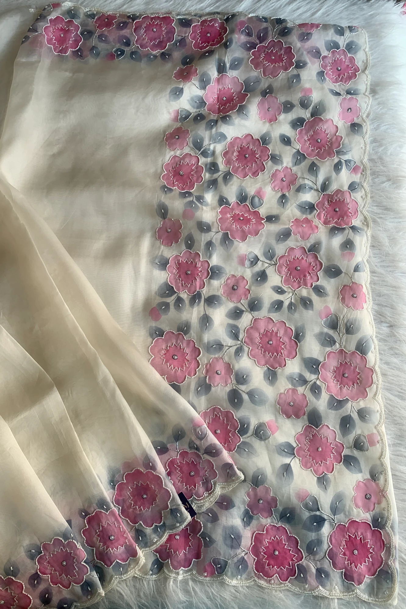 Off White Applique Pure Organza Saree 5844 04