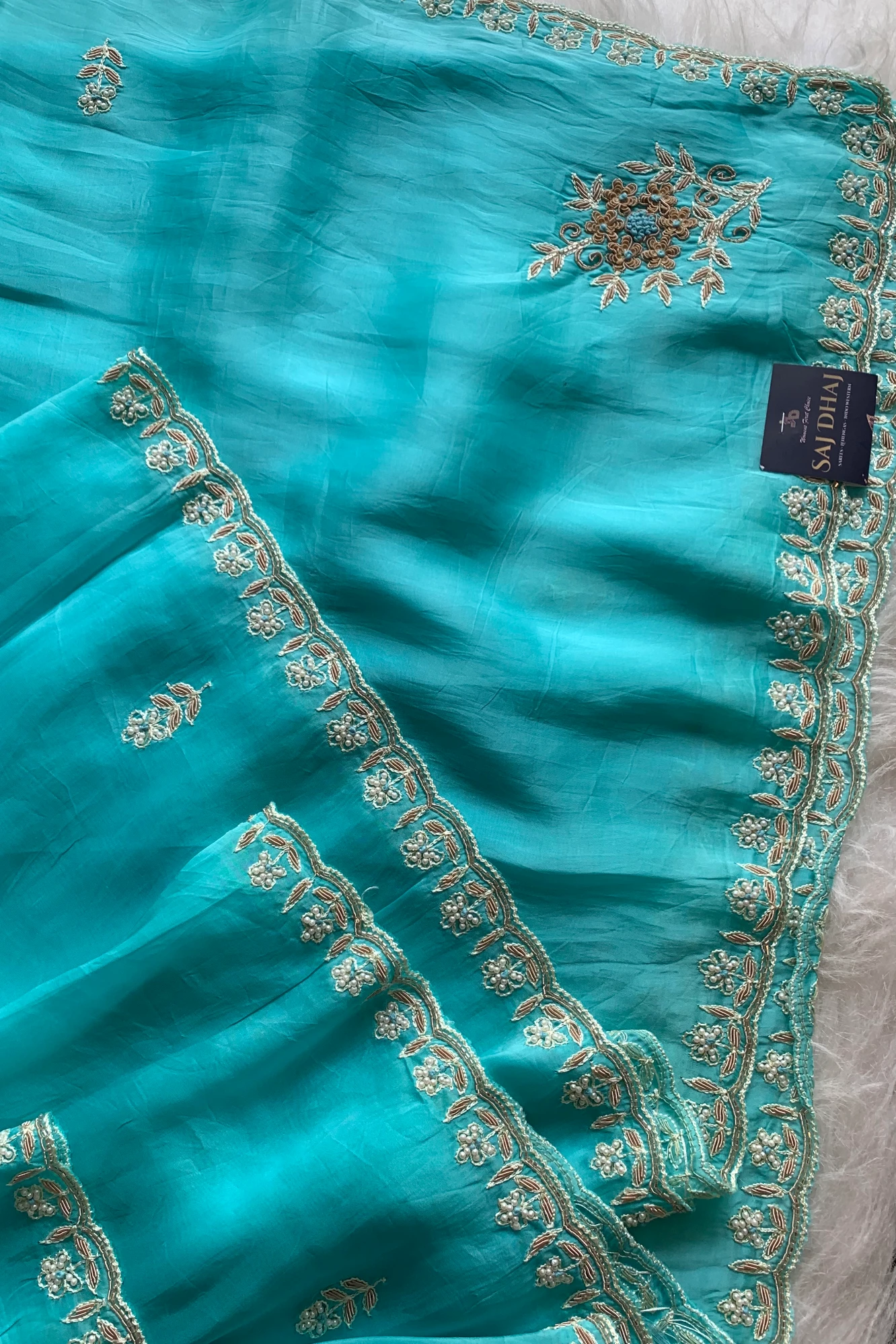 Ice Blue Habutai Silk Saree 5798 06