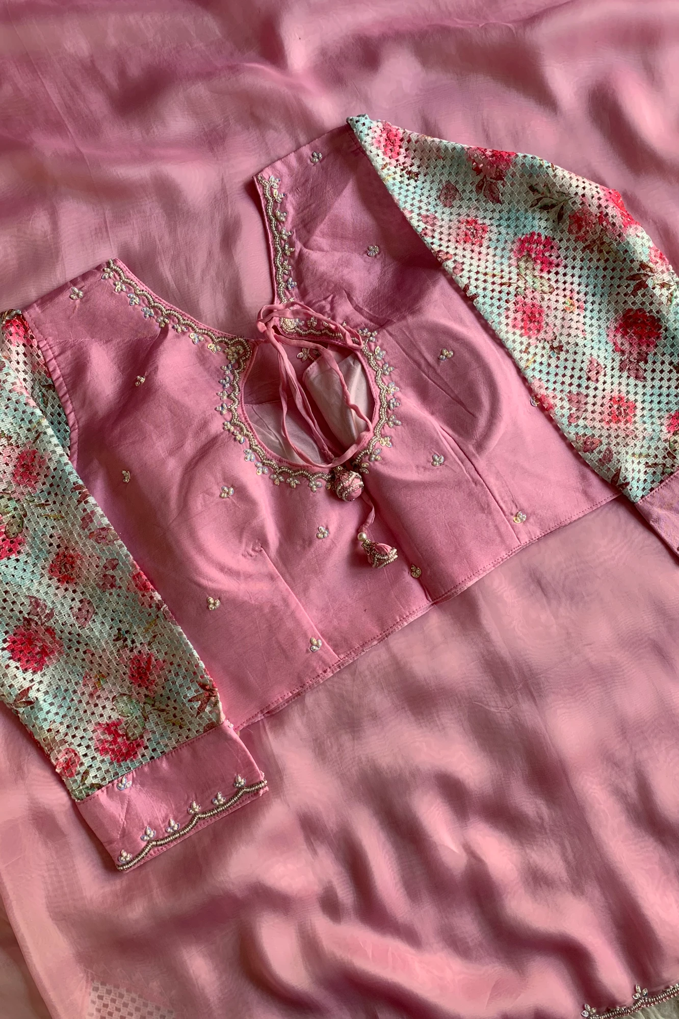 Baby Pink Crochet Designed Habutai Silk Saree 5367 01