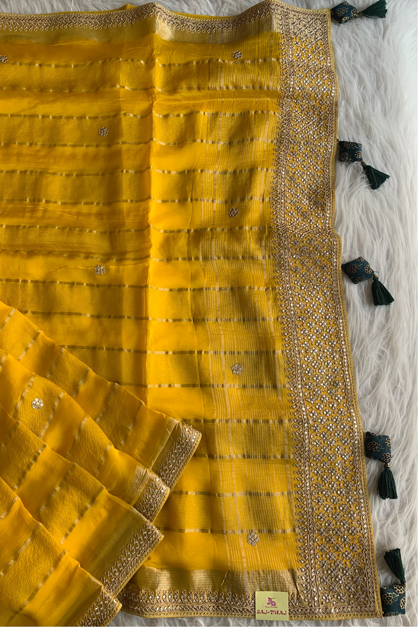 Yellow Banarasi Silk Saree with Green Ajrakh Blouse 5272 09