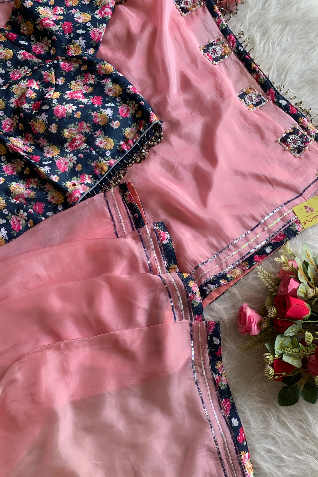 Baby Pink Floral Appliqué Habutai Silk Saree 5128 04
