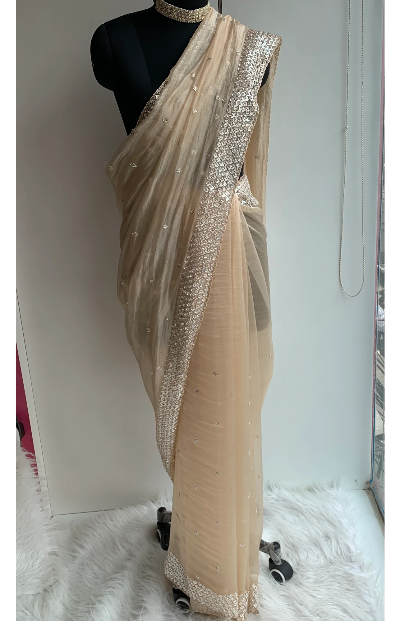 Champagne Gold Embellished Butter Organza Saree 5847 01