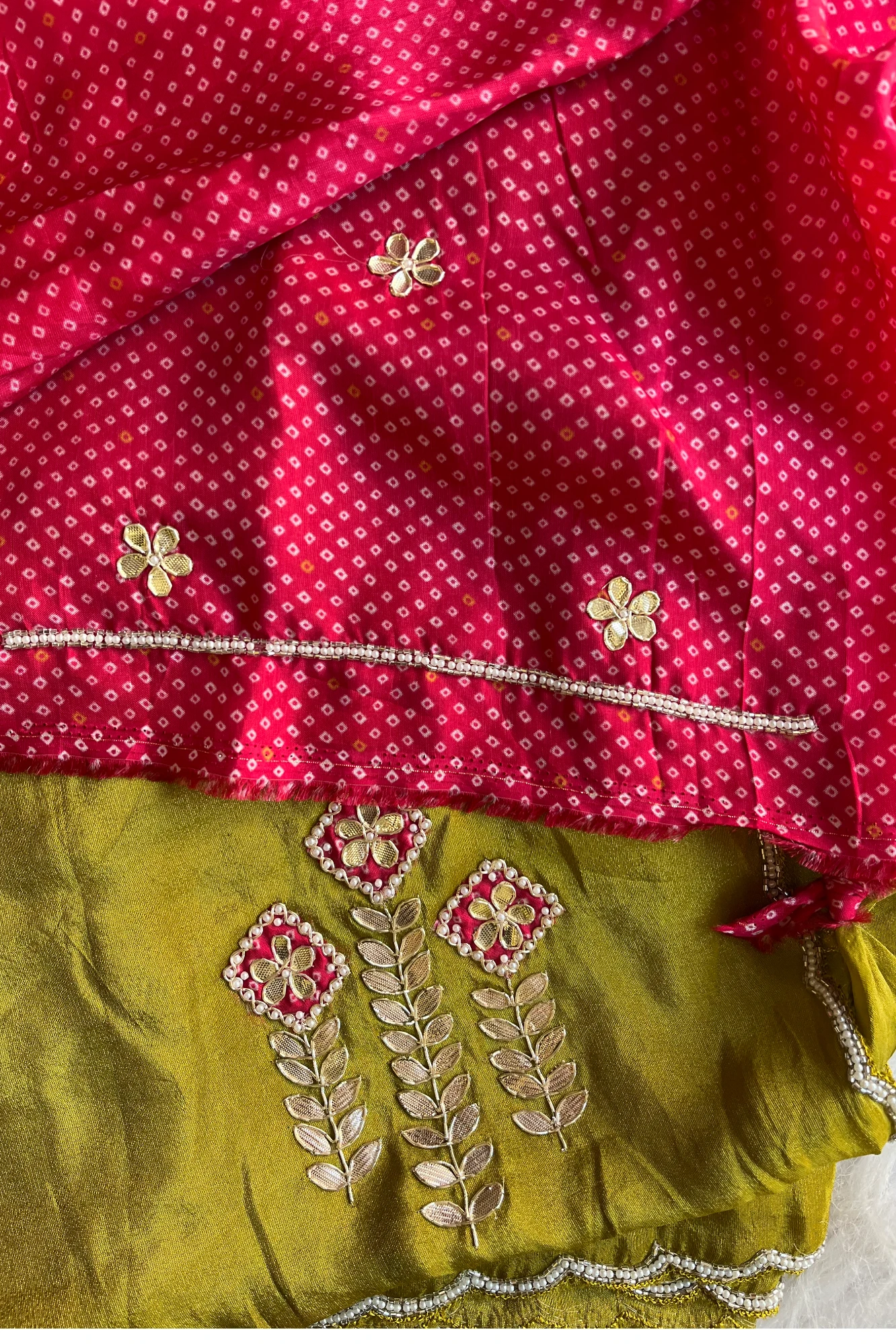 Soft Tissue Saree with Gota Patti & Pearl Embroidery | Contrast Bandhej Blouse  5434 15 (Green)