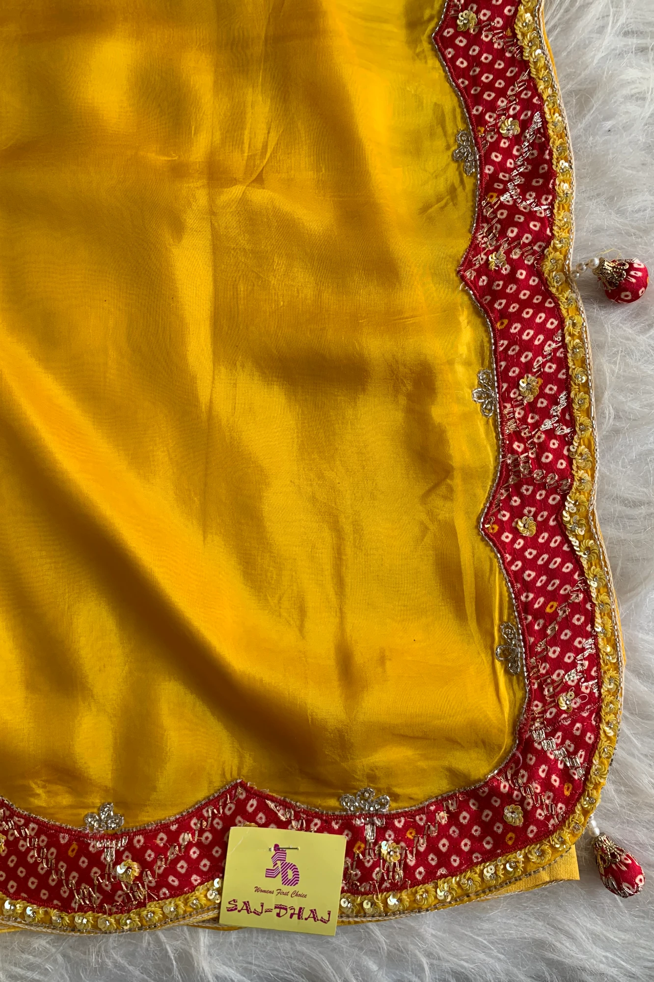 Yellow Habutai Silk Saree with Red Bandhej Border 5254 02