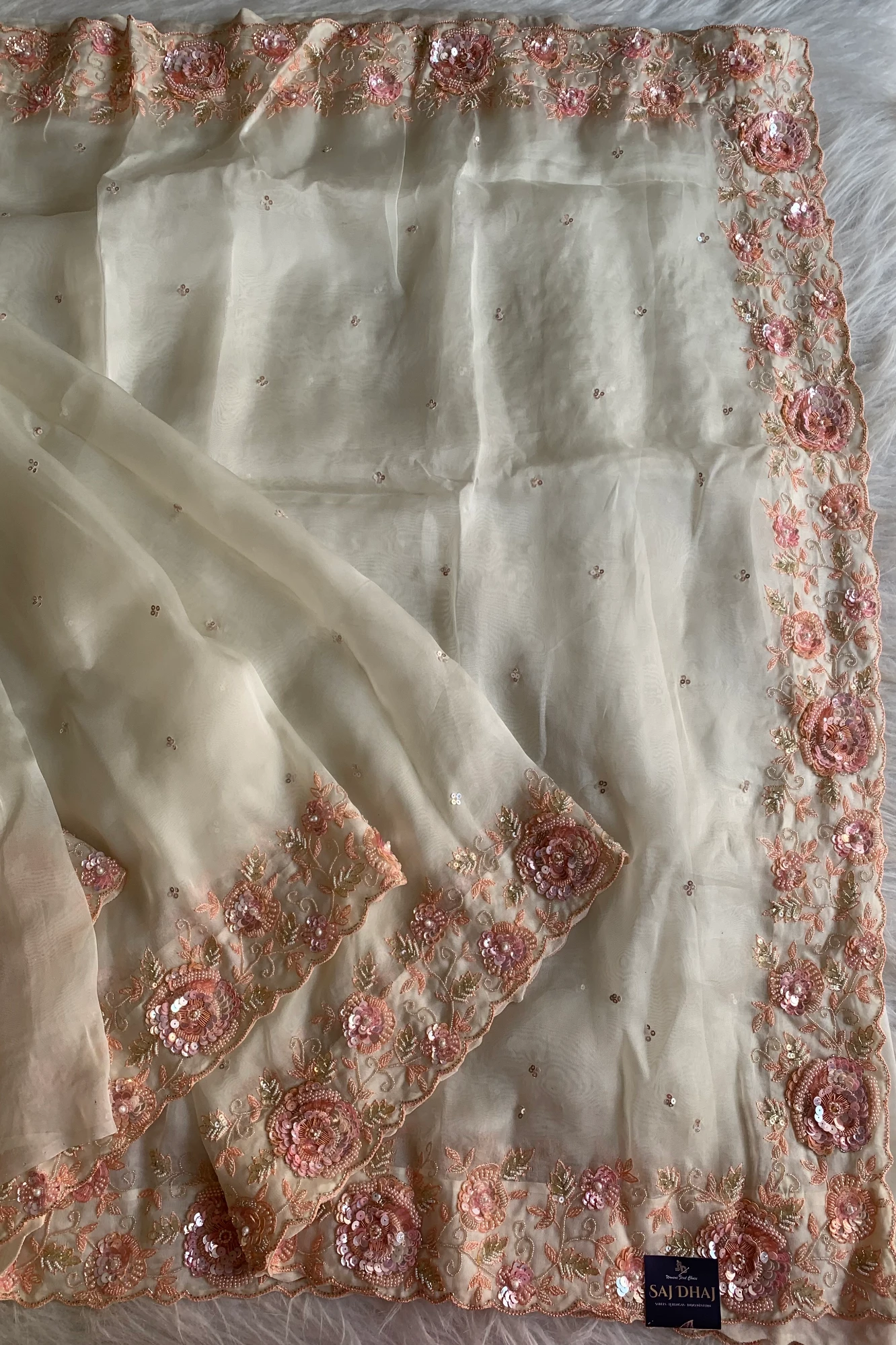 Ivory 3D Pure Silk Organza Saree 5850 08