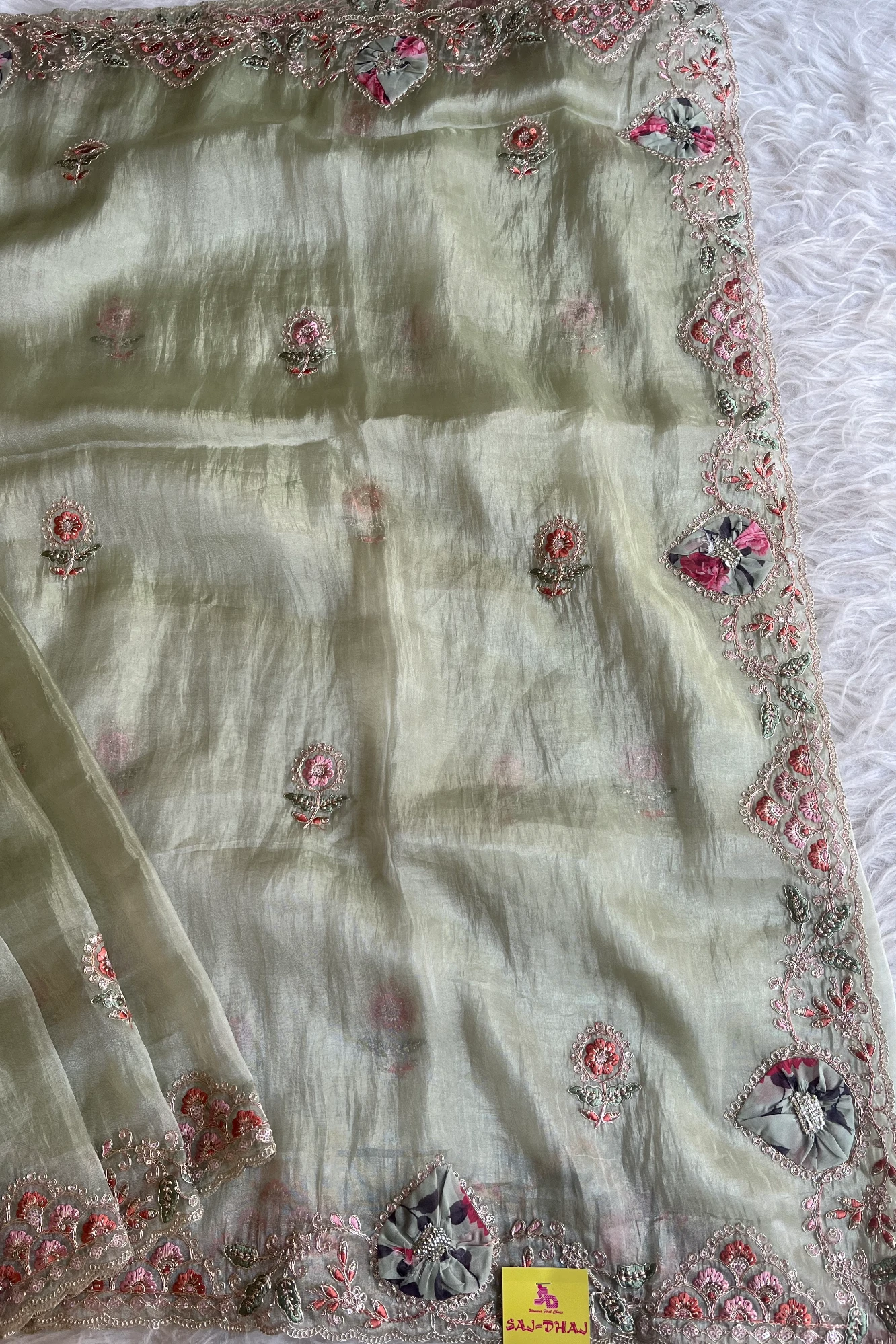 Mint Green Tissue Organza Saree with Dori & Appliqué Work 5727 09