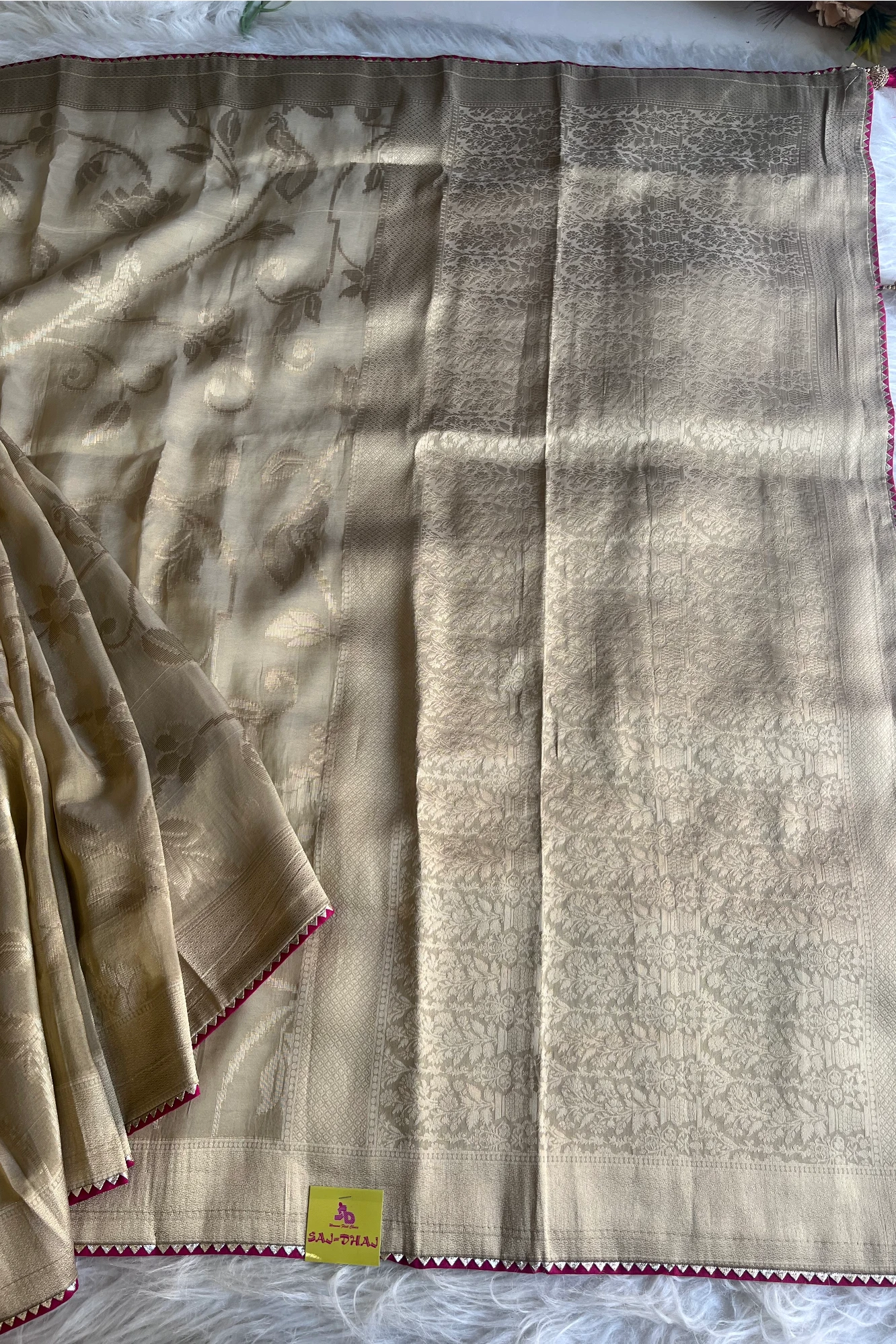 Beige Banarasi Saree with Red Jamawar Blouse