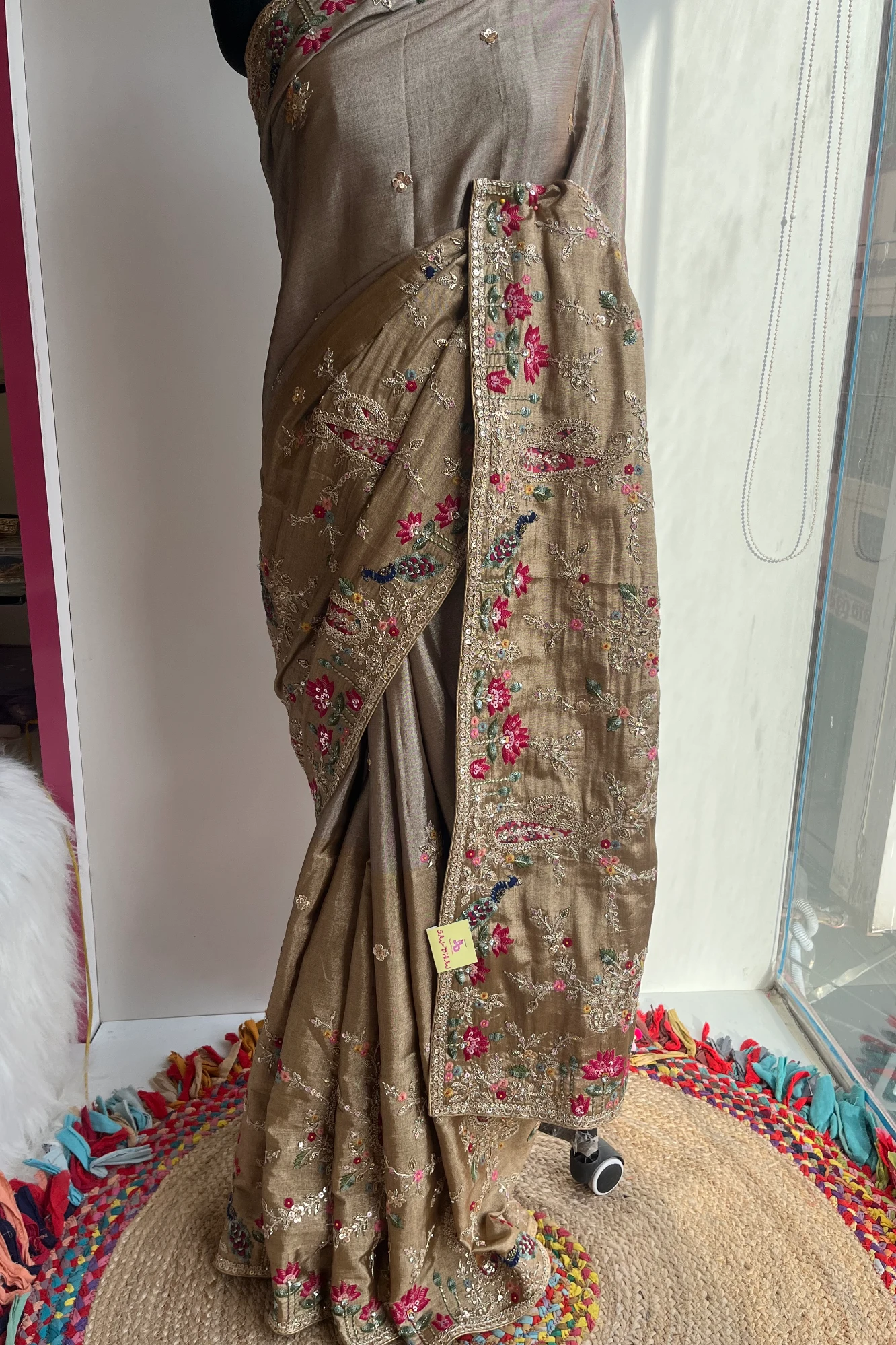 Beige Golden  Tone Kanchi Silk Saree with Peacock Motifs, Aari Dori, Thread & Stone Work 5560 08