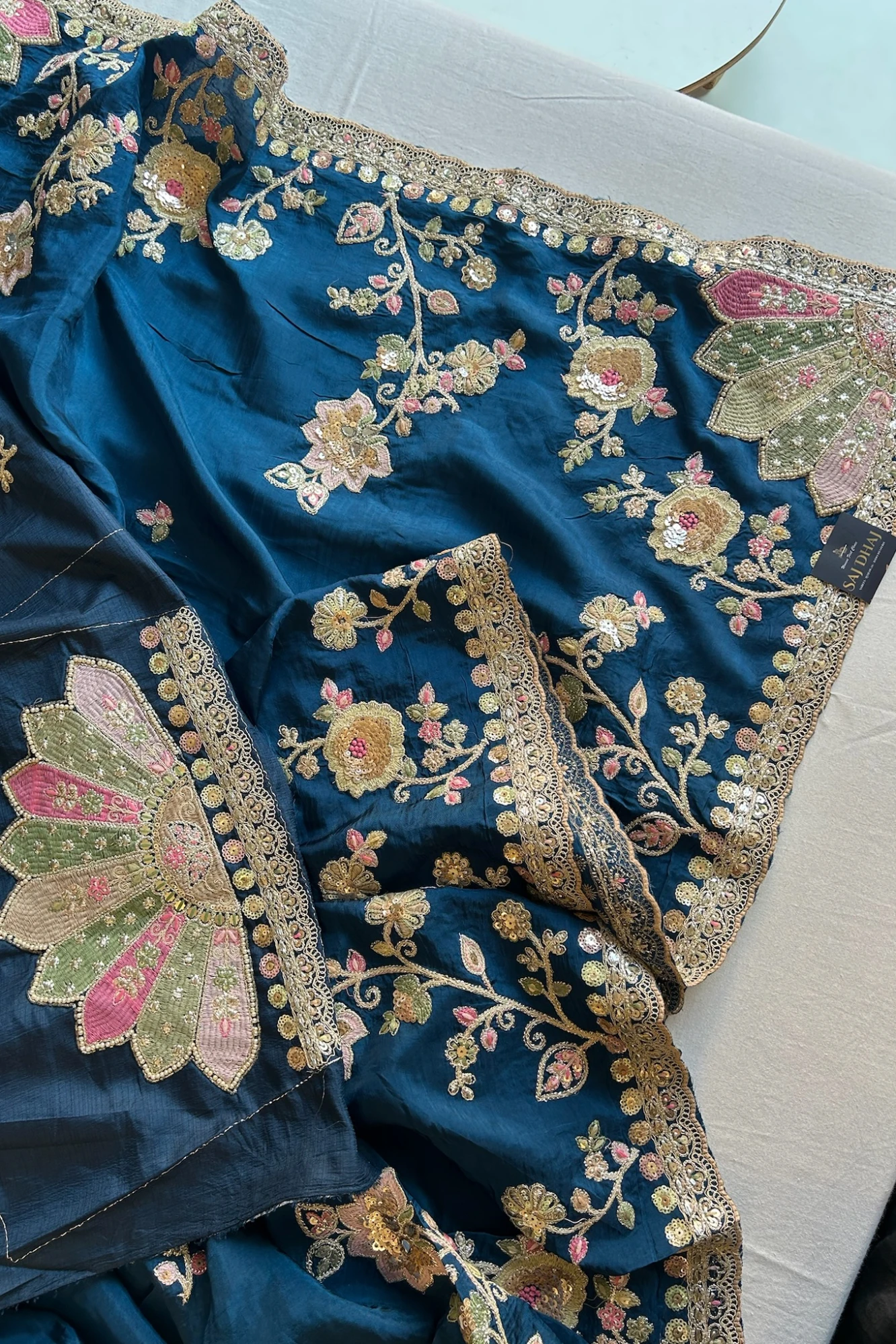 Peacock Blue Saree with Multicolour Embroidery 5786 01