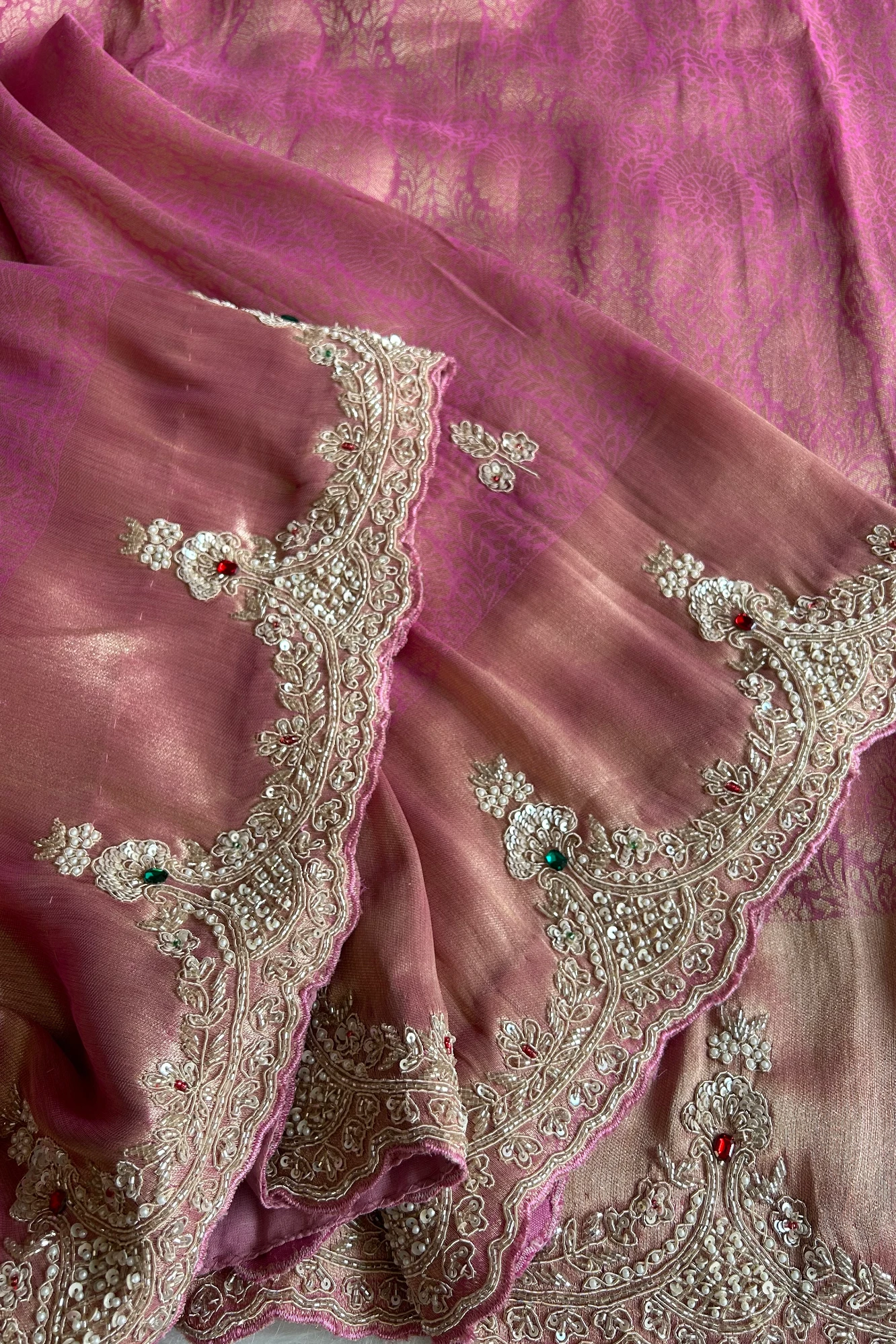 Kanchipuram Silk Saree with  Weaving, Zardosi, Sequins & Gem Embellishments 5650 12 (Pink)