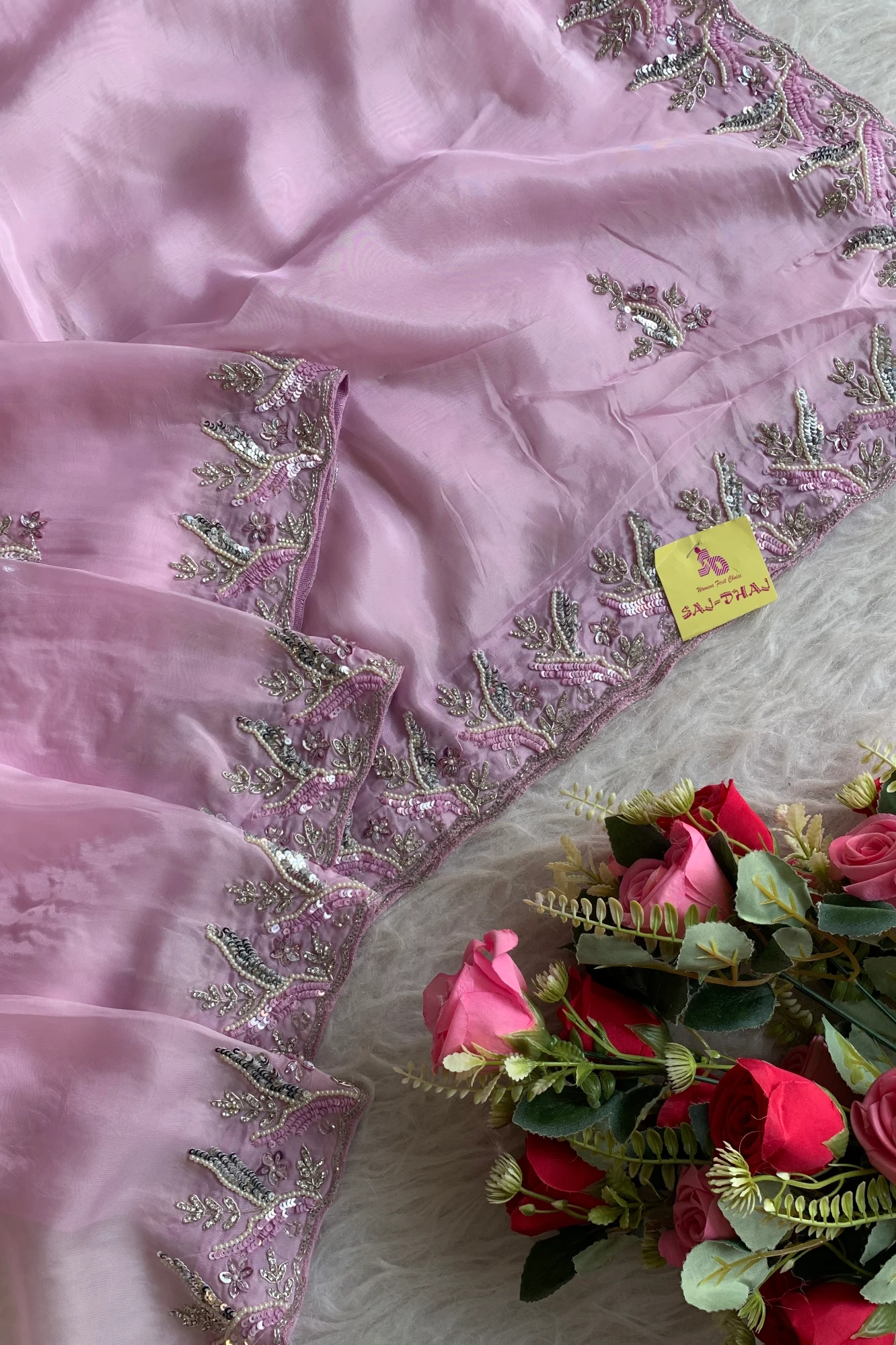 Baby Pink Embellished Habutai Silk Saree 5068 03