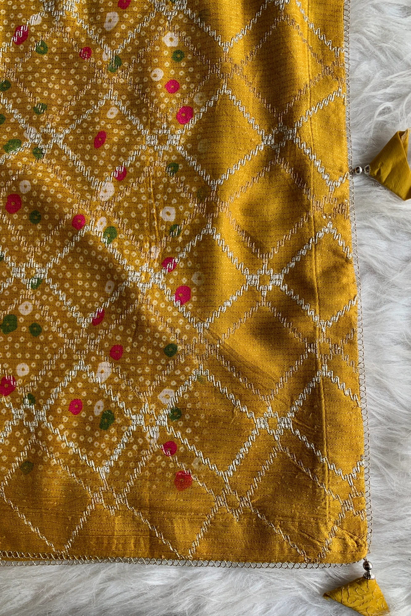 Yellow Printed Bandhej Modal Silk Saree with Lampi Gota 5274 03
