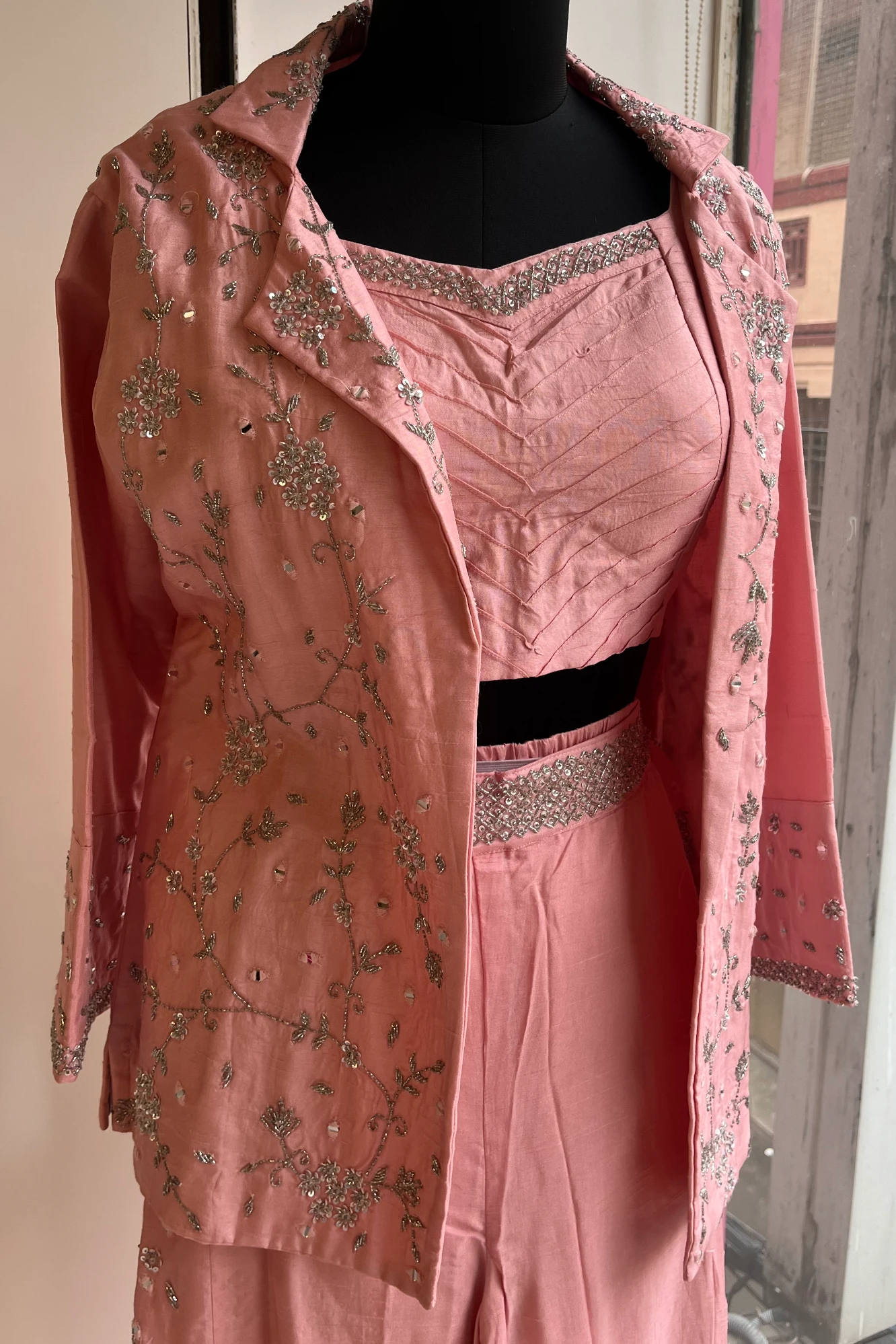 Blush Pink Russian Silk Blazer Set with Silver Stone & Cutdana Work 5147 09. (42)