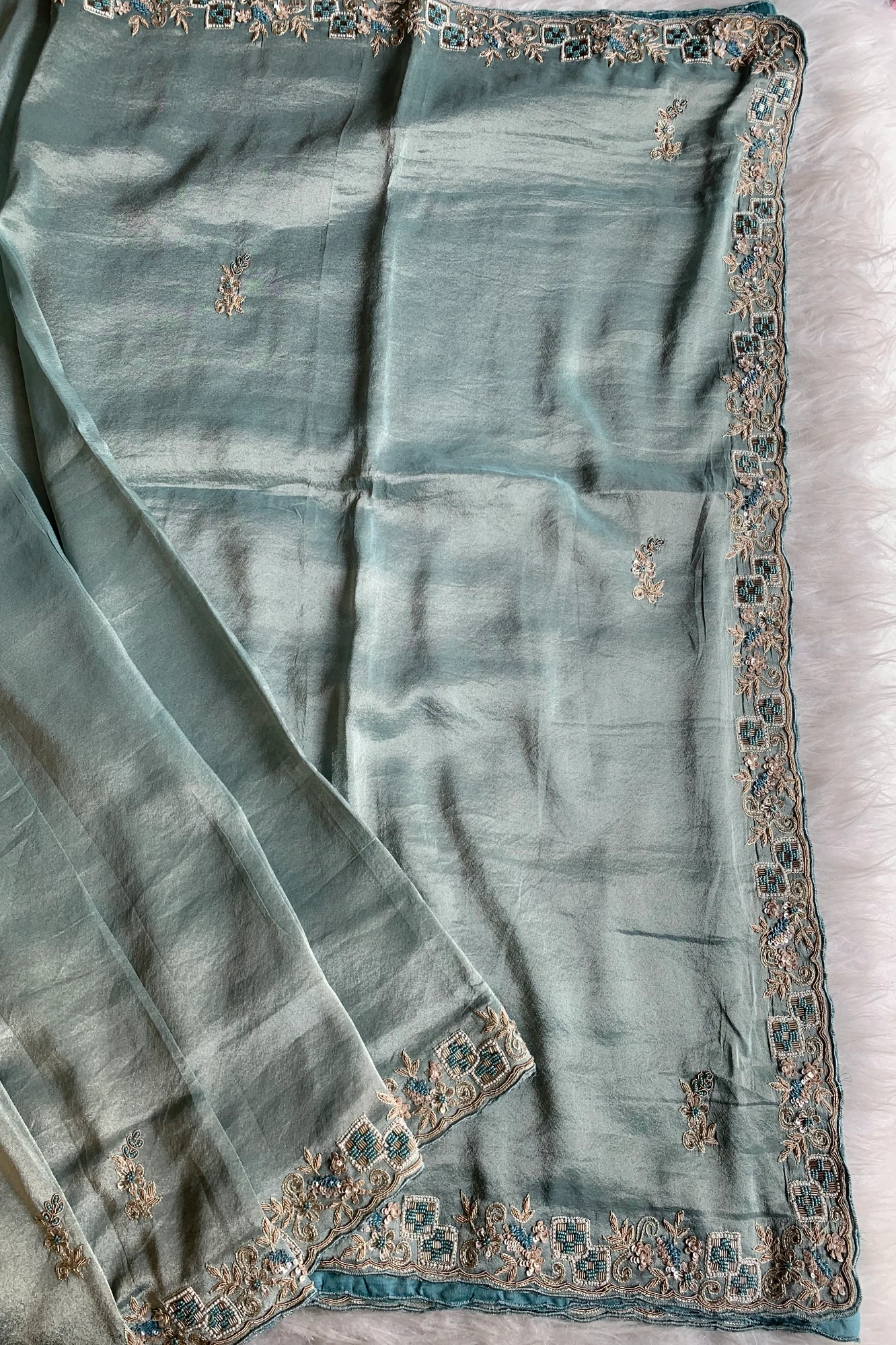 Sea Green Embellished Tissue Saree 5760 01