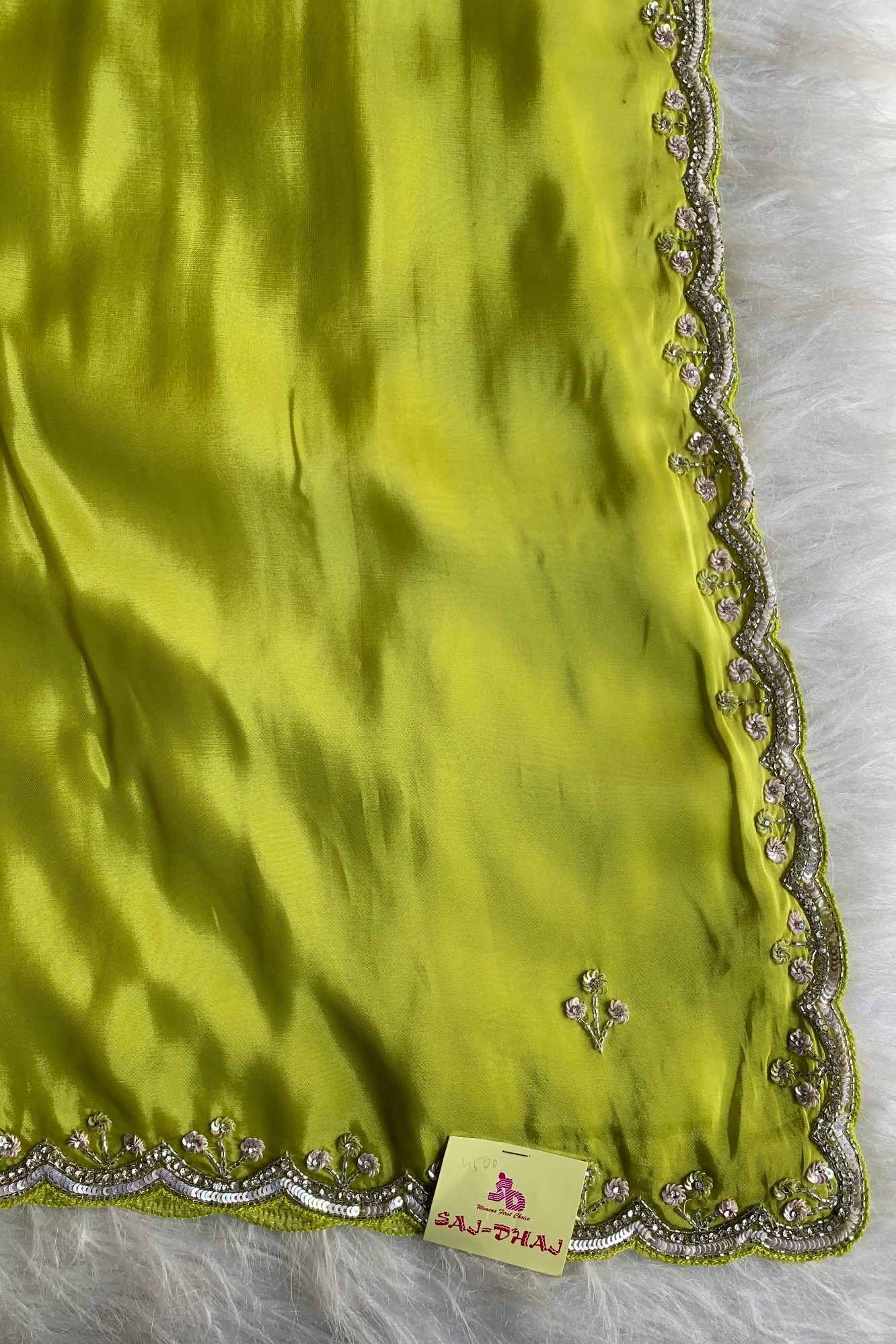 Parrot Green Embellished Habutai Silk Saree 5087 08