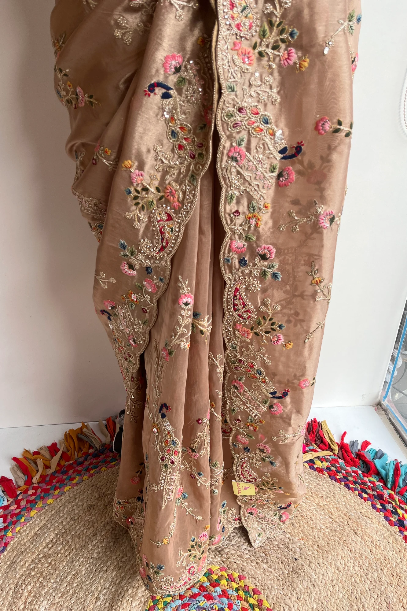 Golden Tissue Saree with Peacock Motifs, Aari Dori, Thread & Stone Work 5560 11