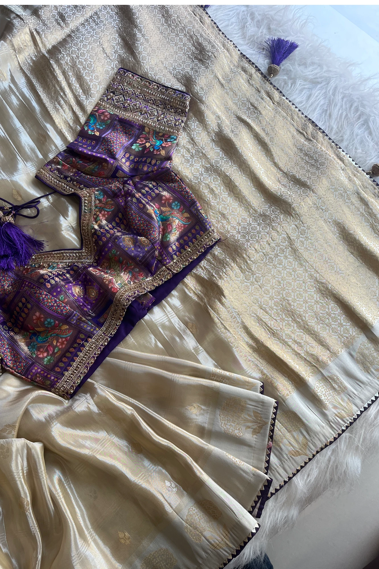 Ivory Banarasi Saree with Purple Jamawar Blouse