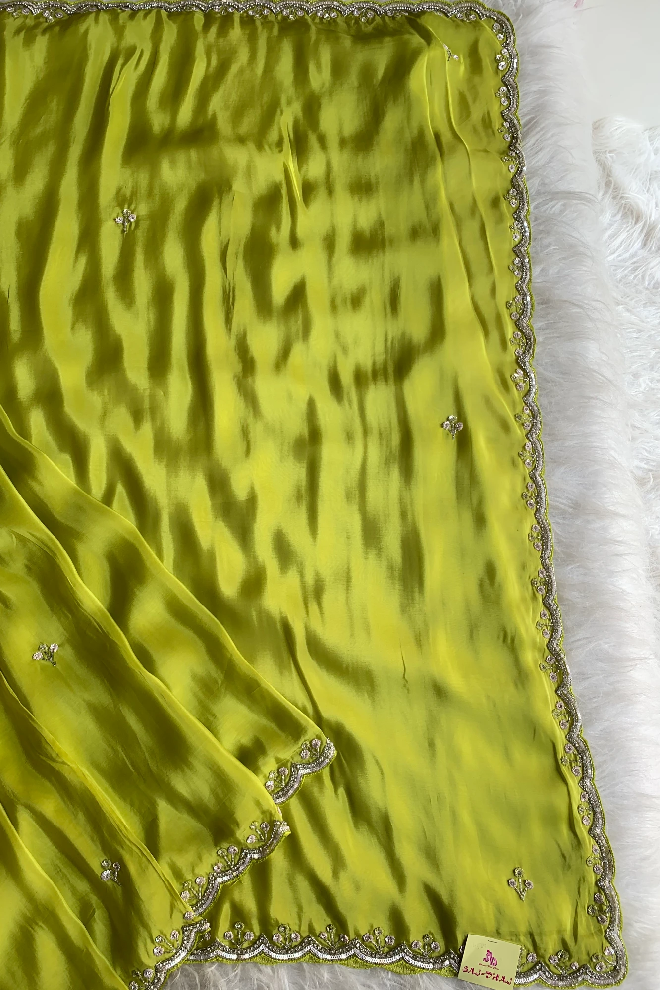 Parrot Green Embellished Habutai Silk Saree 5087 08