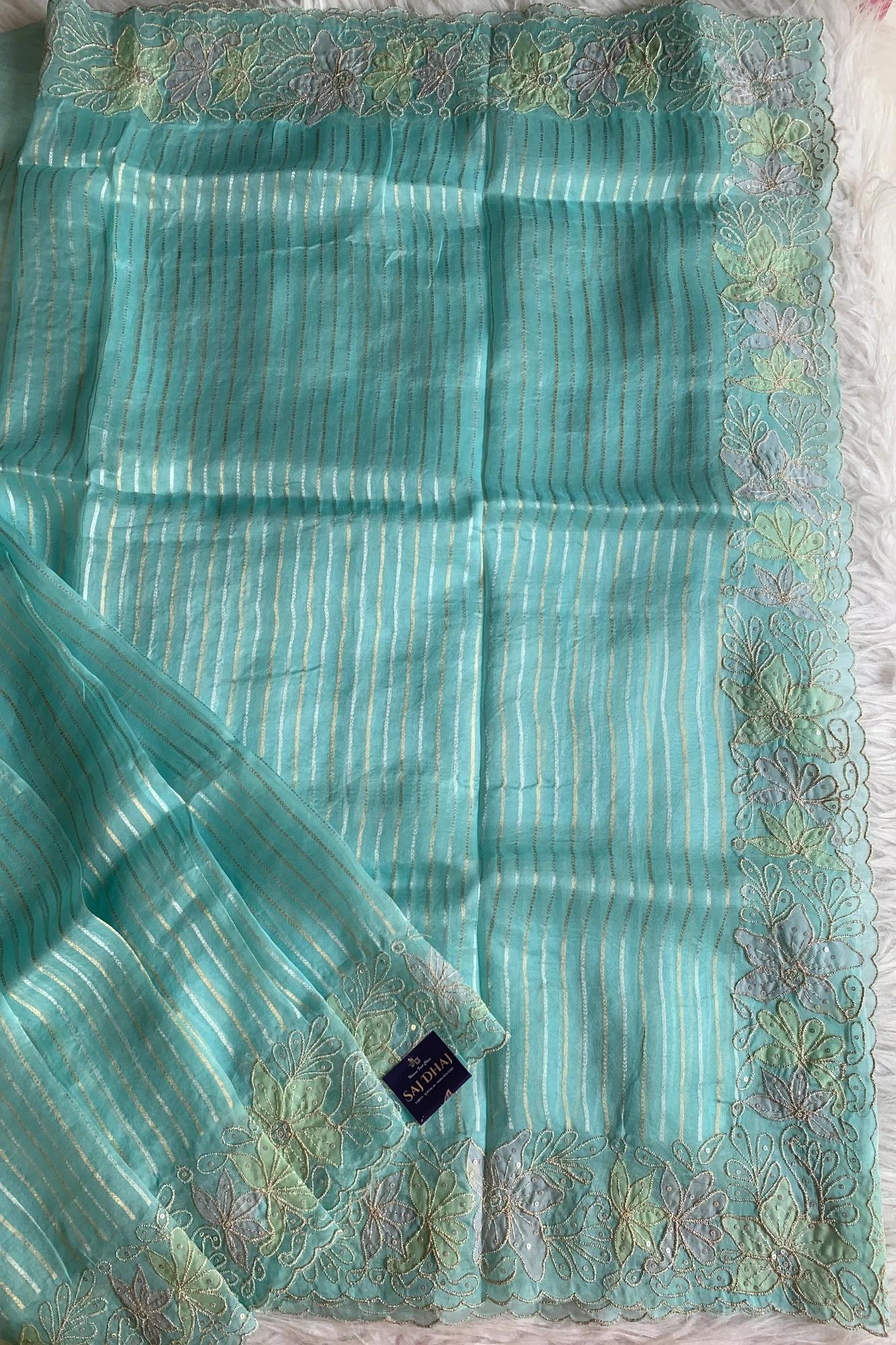 Sea Blue Applique Embellished Silk Organza Saree 5844 12