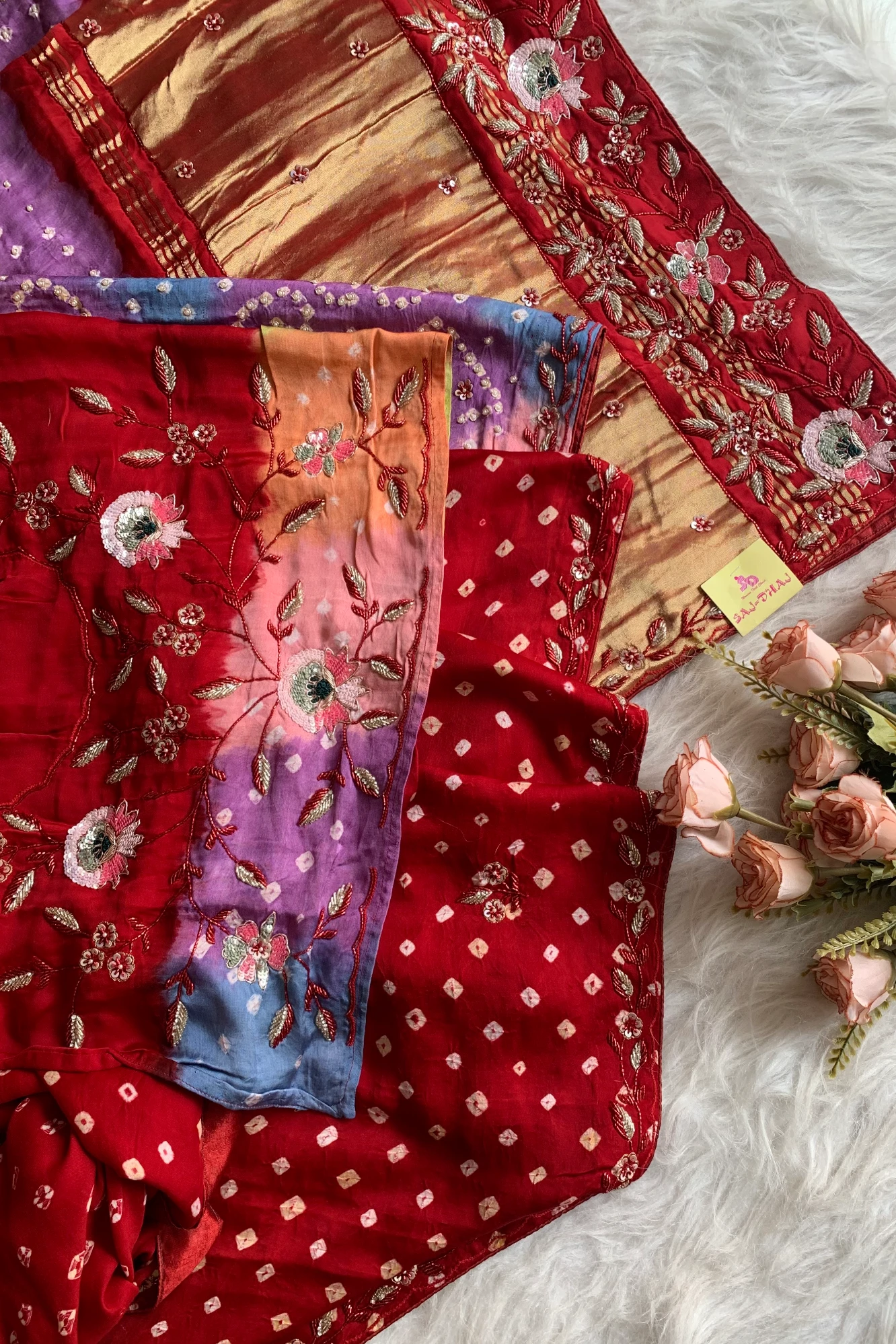 Maroon Bandhej Gajji Silk Saree with Multicolor Pallu 5313 02/01