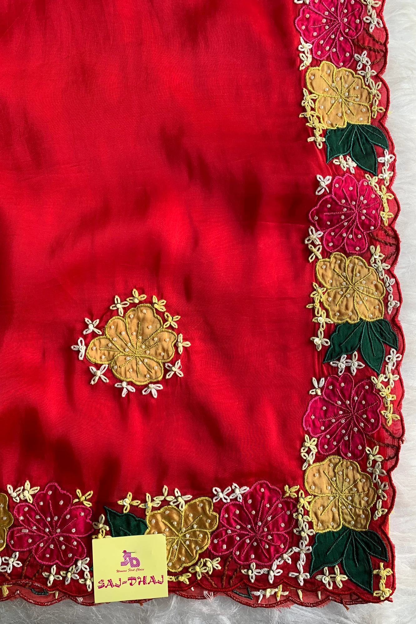 Shaded Red Applique Habutai Silk Saree 5650 13