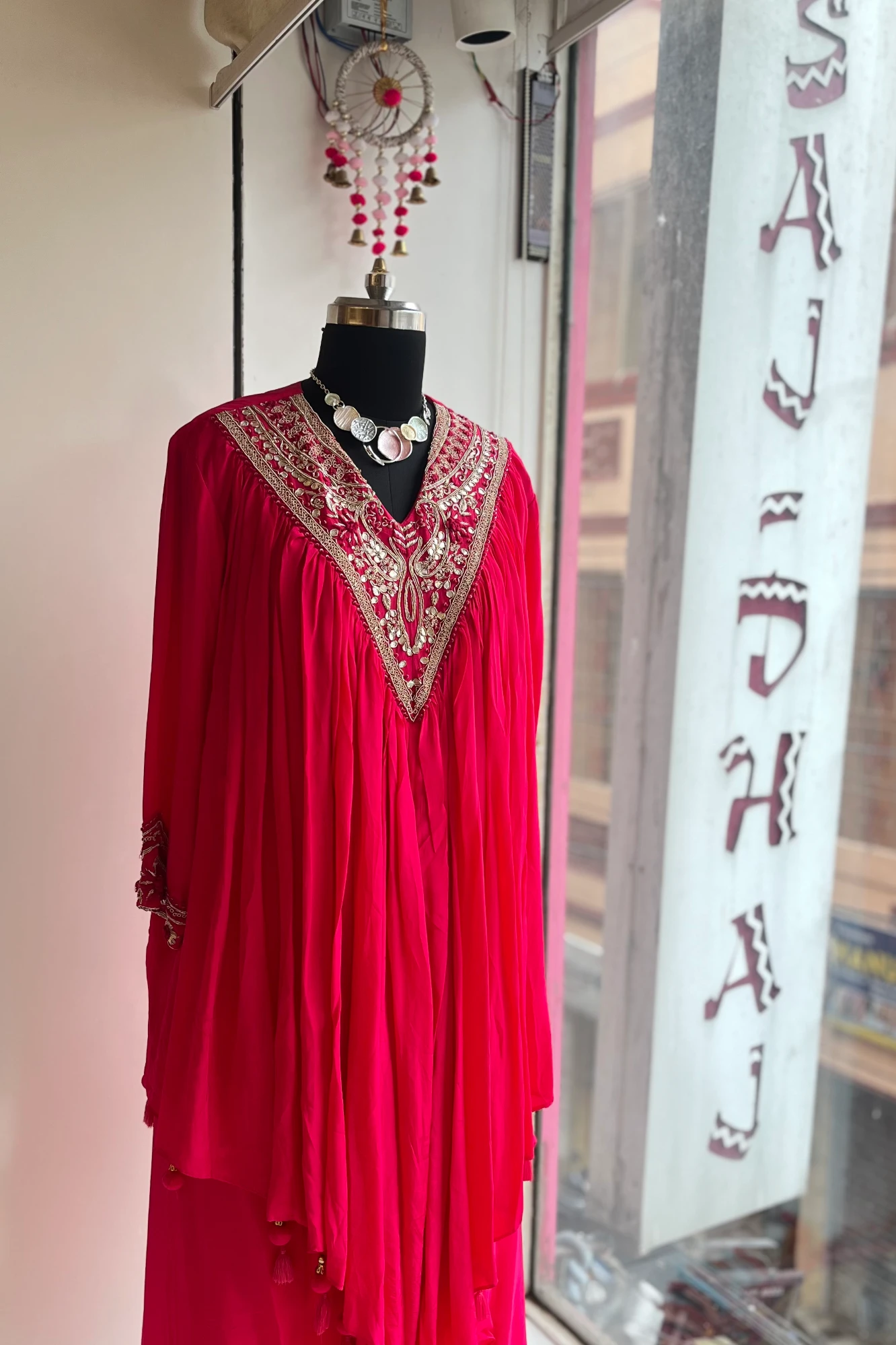 Hot Pink Designer Cowl Skirt Set with Zardosi & Thread Work 5336 01