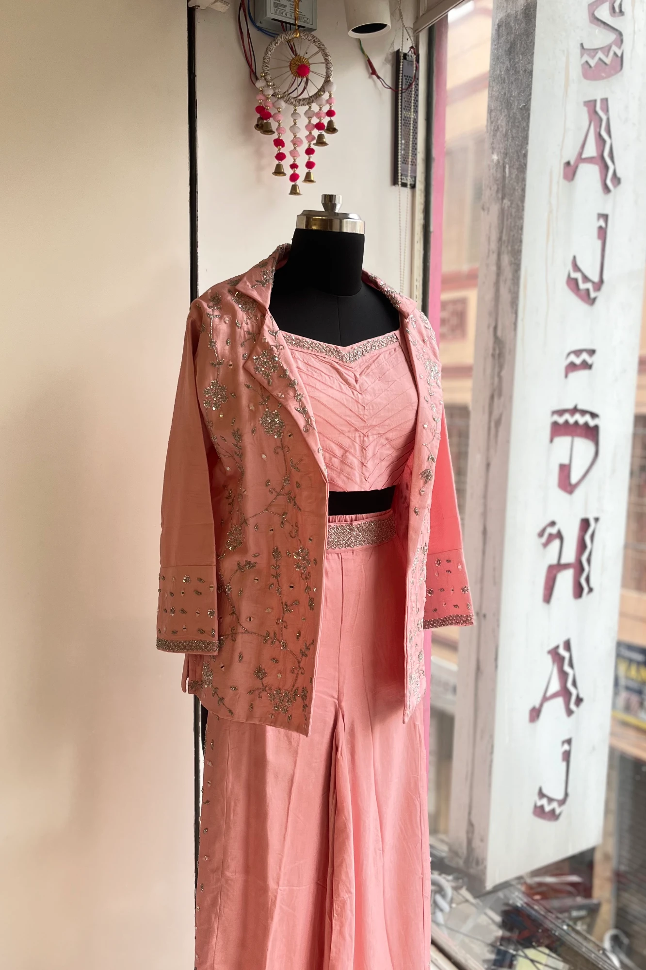 Baby Pink Russian Silk Blazer Set with Silver Stone & Cutdana Work 5147 09.