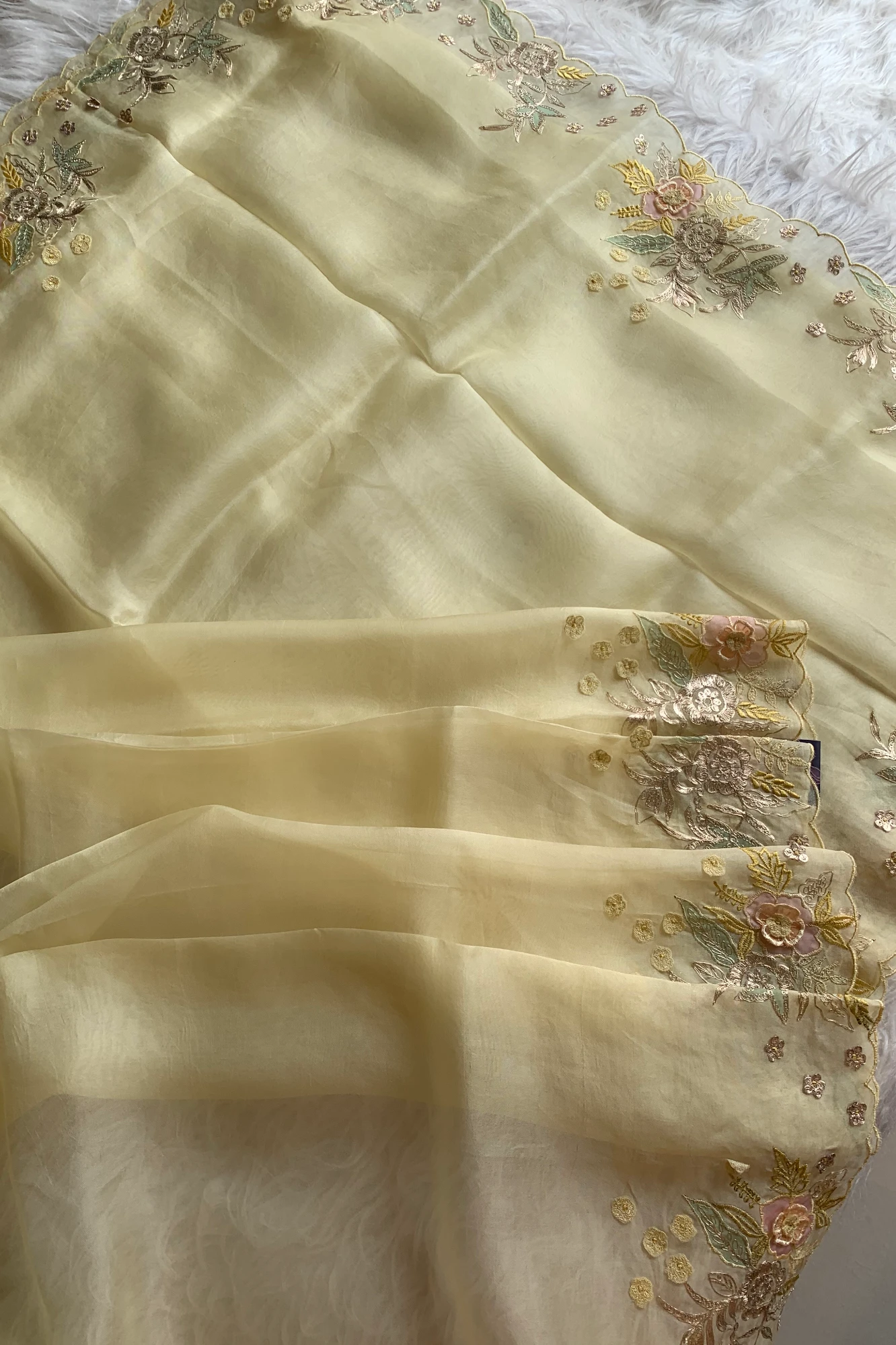 Lemon Yellow Aari Embellished Silk Organza Saree 5844 02