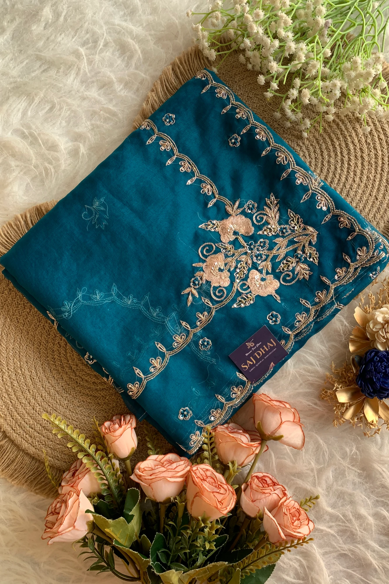 Peacock Blue Soft Organza Saree 5850 04