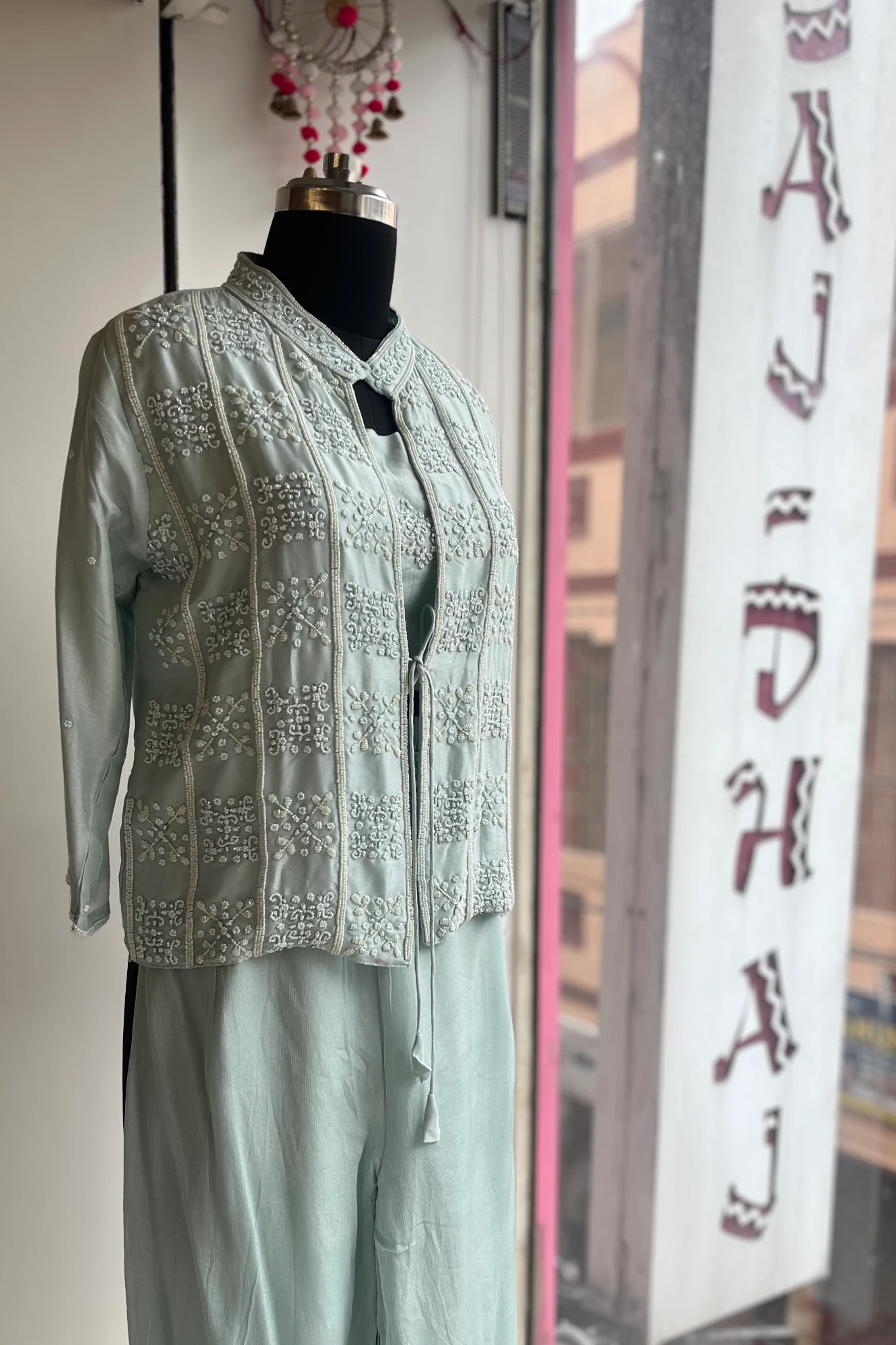 Cyan Russian Silk Blazer Set with Pearl & Bead Embellishments 5172 02 (42)
