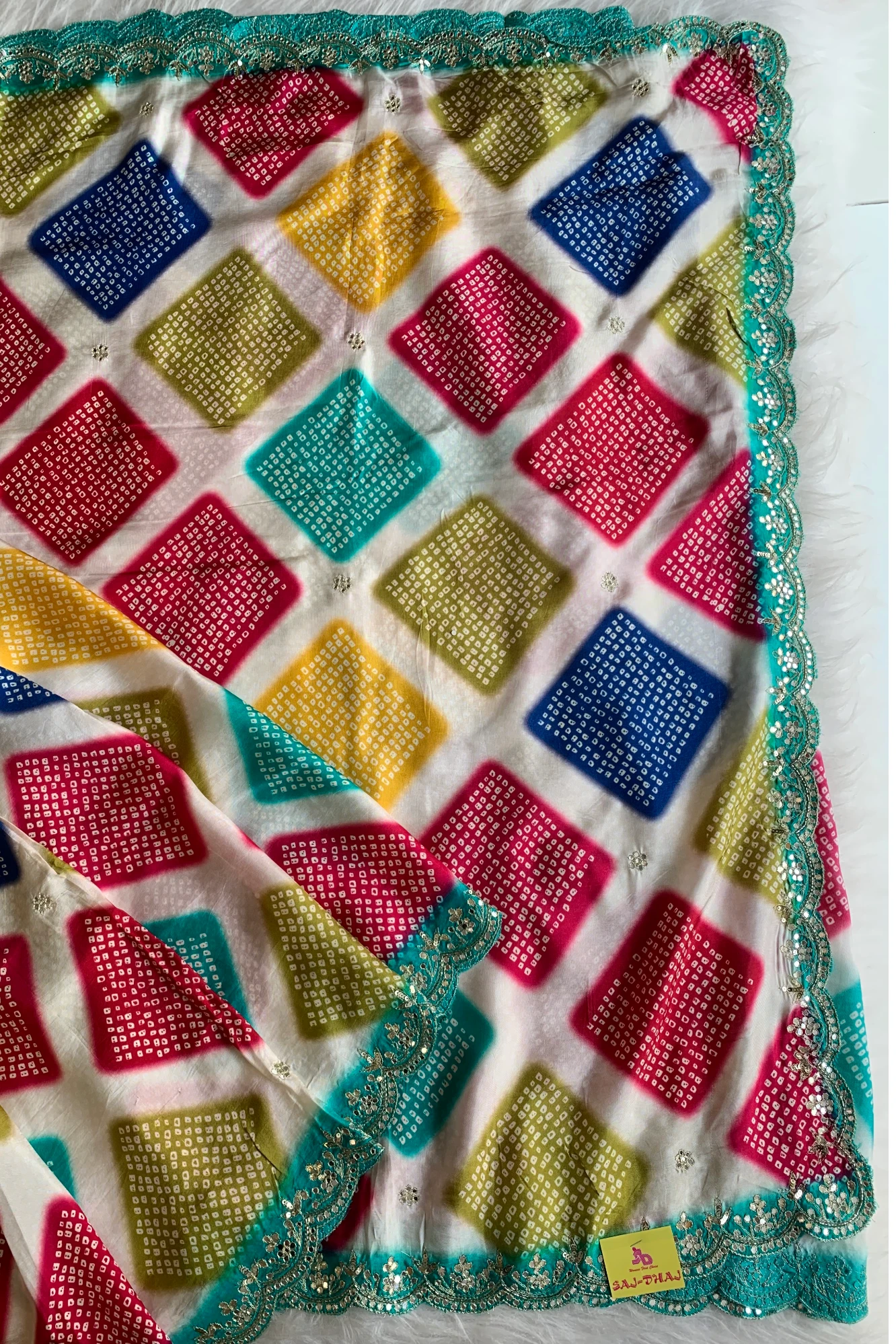 Multicolor Russian Silk Saree with Blue Border 5755 04