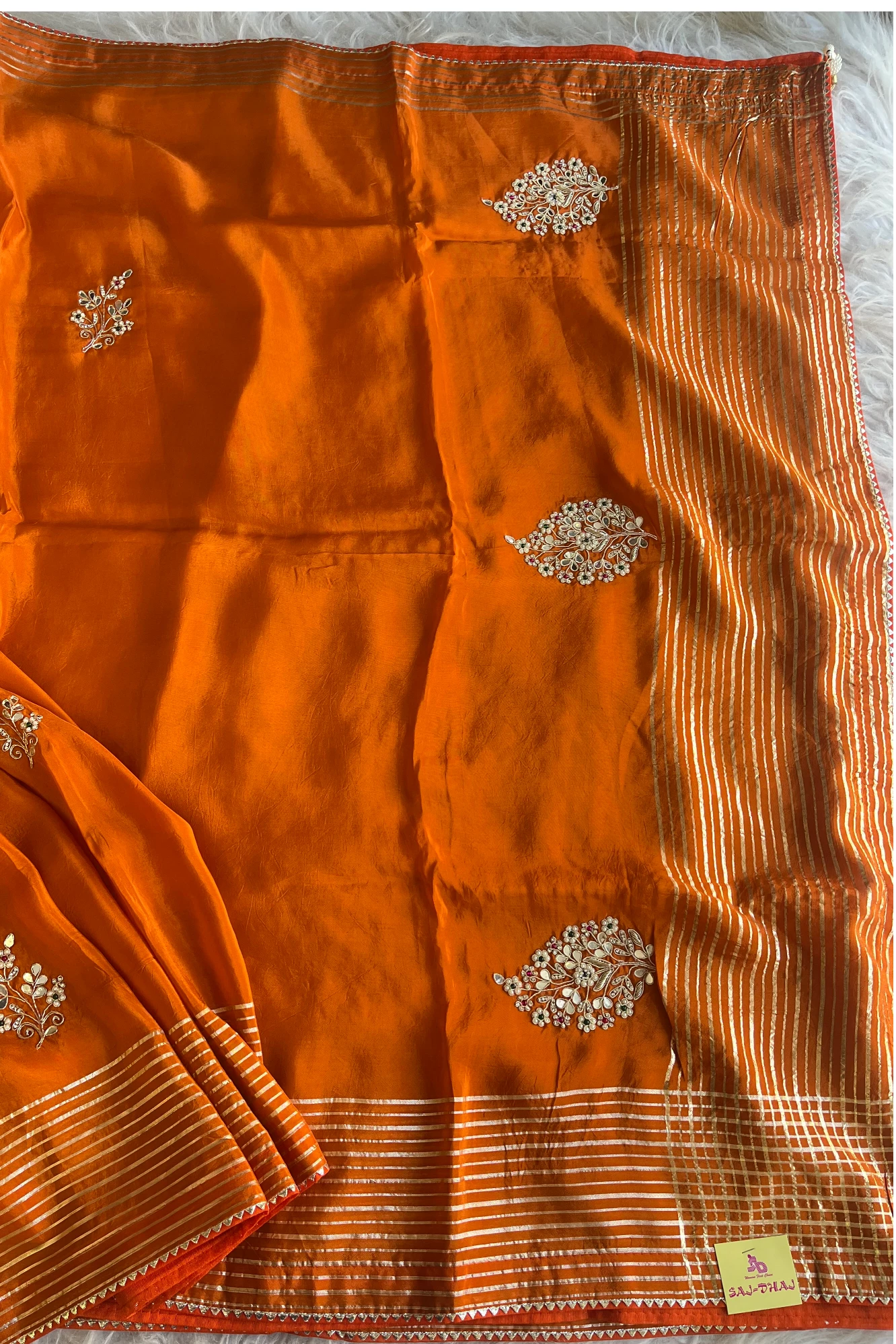 Habutai Silk Saree with Pearl Cutdana Buttis & Banarasi Border  | Matching Blouse 5440 01 (Rust orange)