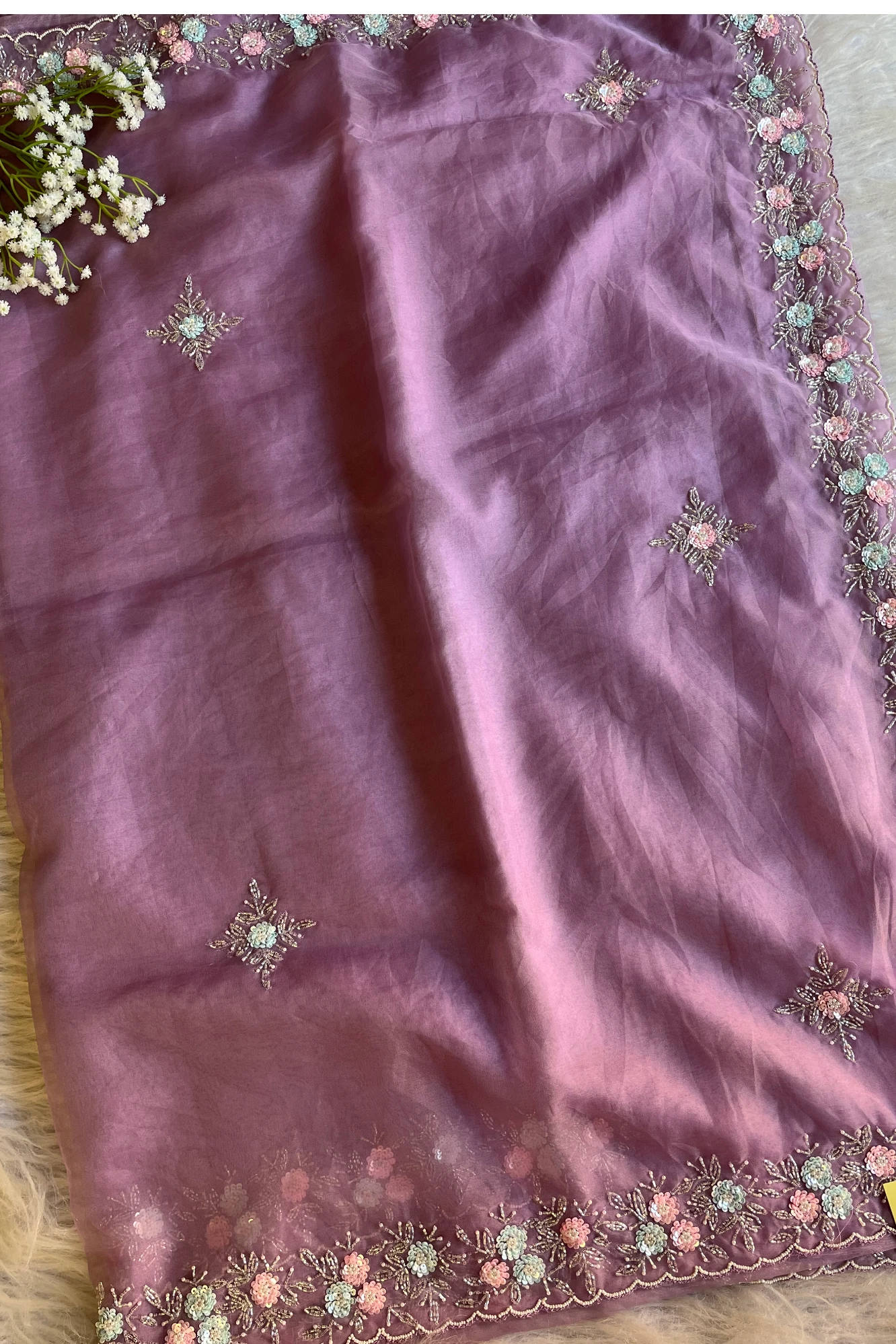 Organza Saree with Multicolour  Sequins & Cutdana | Hand Embroidered Blouse 5437 03 (Lilac)