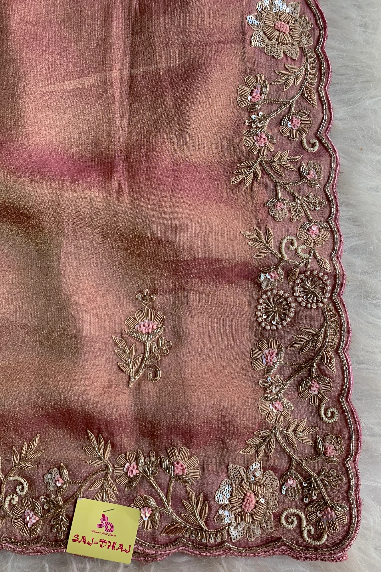Onion Pink Embellished Tissue Saree 5664 05