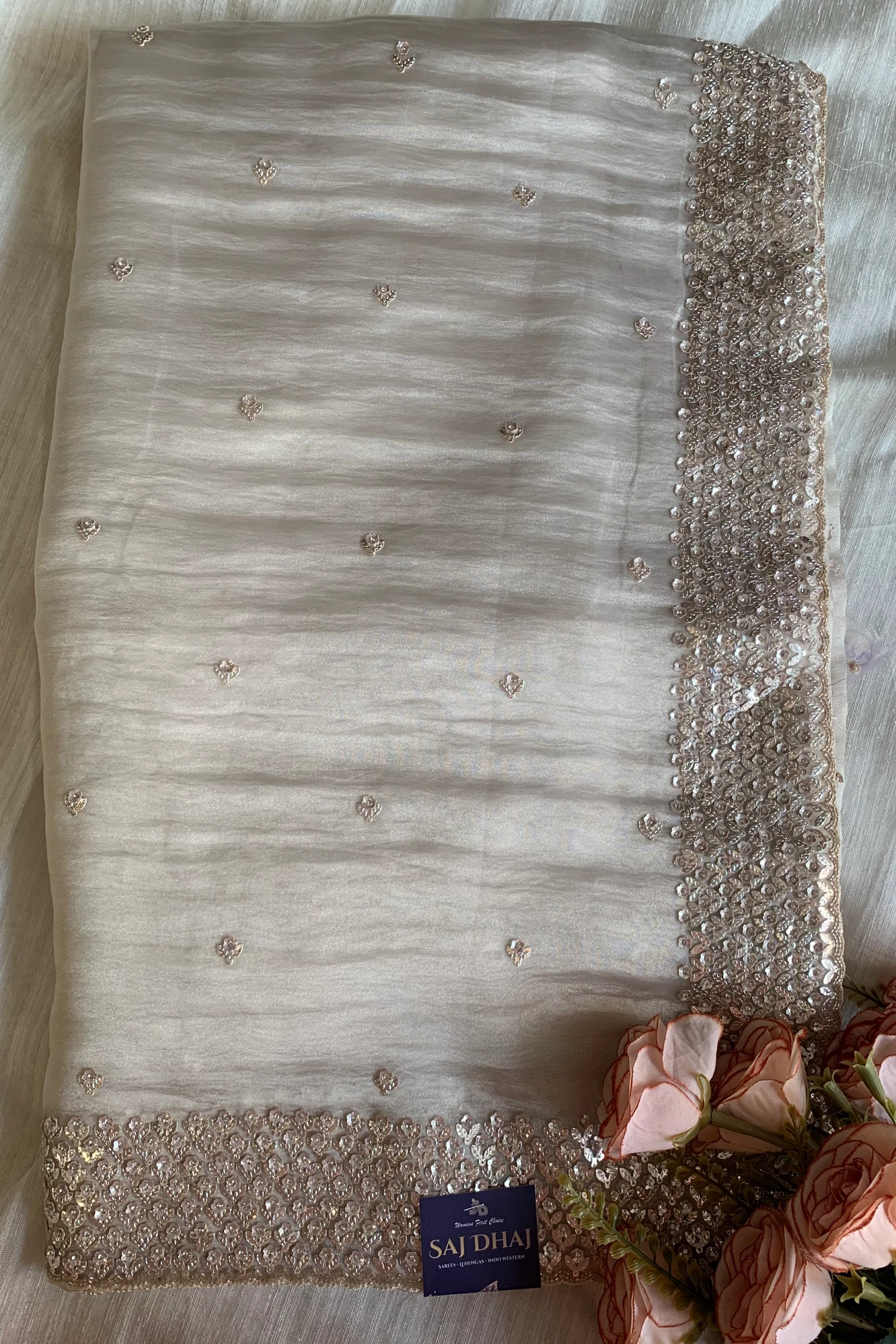 Ivory Embellished Butter Organza Saree 5847 01