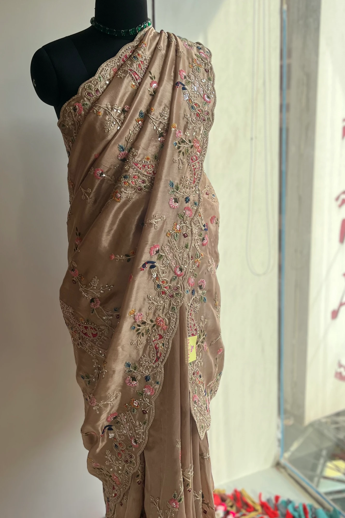 Golden Tissue Saree with Peacock Motifs, Aari Dori, Thread & Stone Work 5560 11