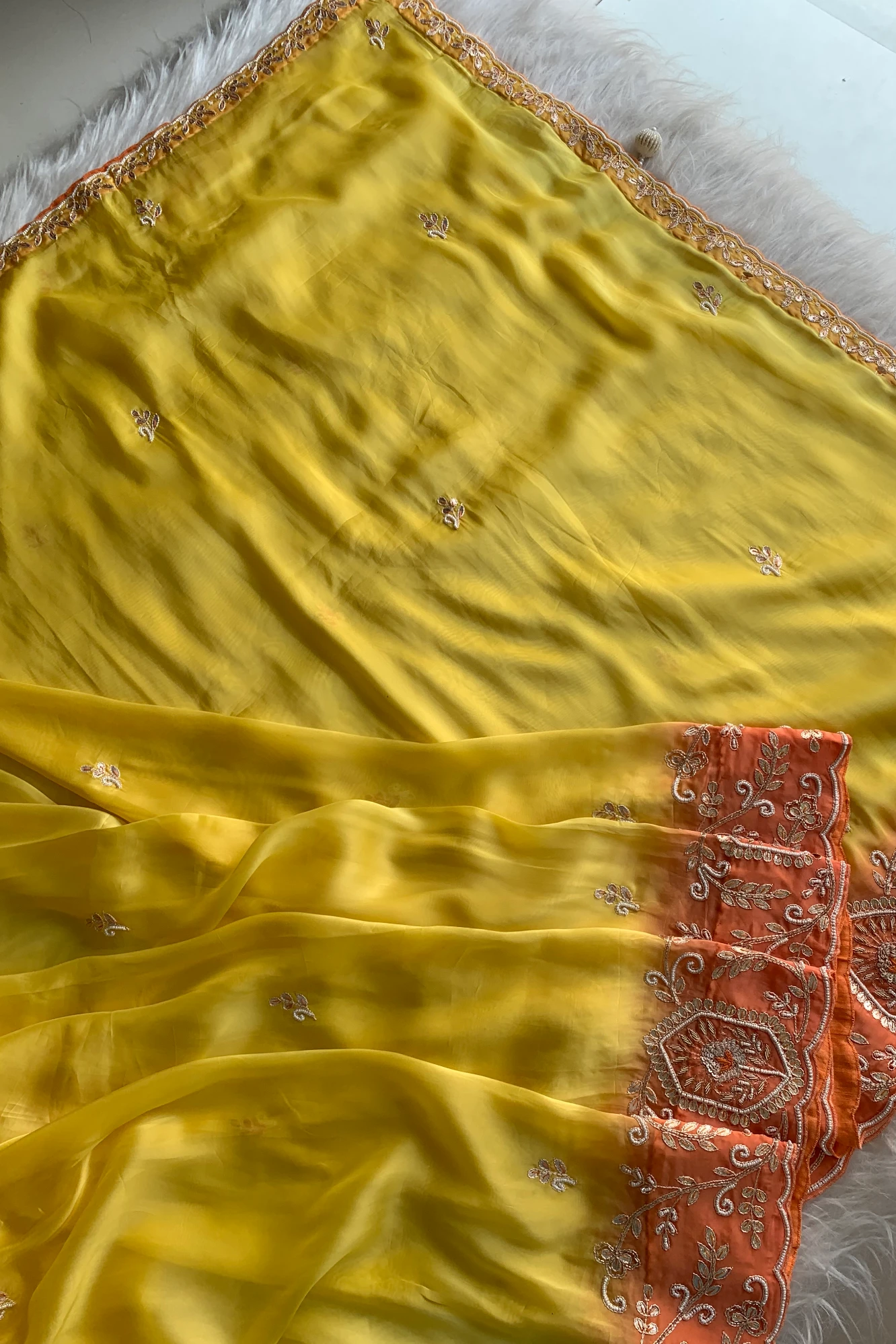 Yellow Habutai Silk Saree with Orange Border