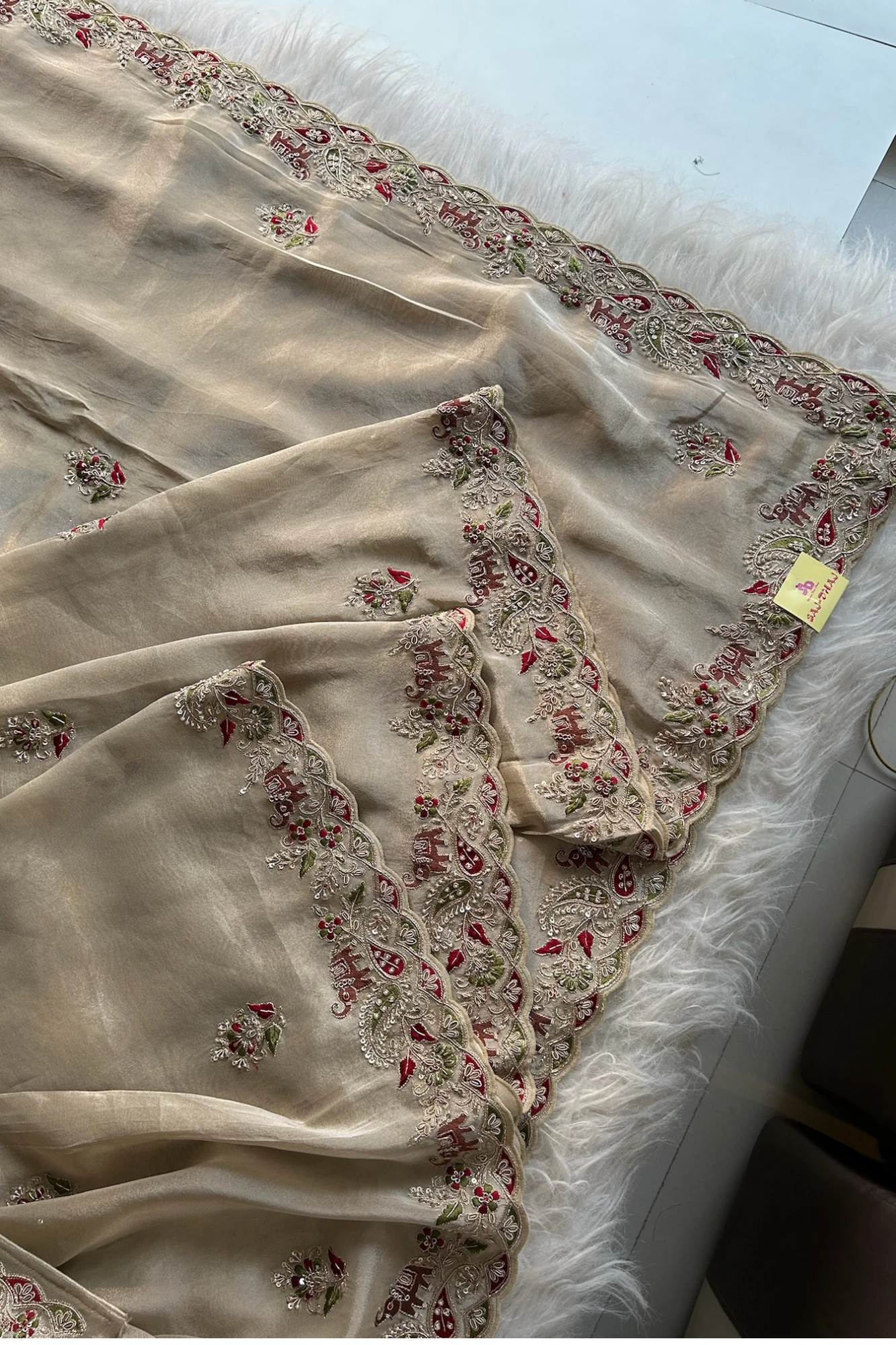 Beige Royal Motif Tissue Organza Saree 5657 07