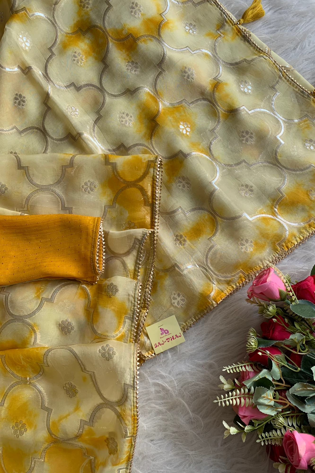 Lemon Yellow Gota Patti Organza Saree 4595 11