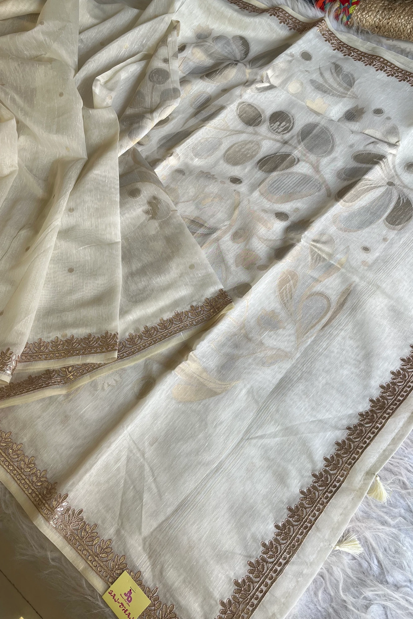 Off-White Khadi Cotton Saree with Gota Patti Embroidery 5470 03
