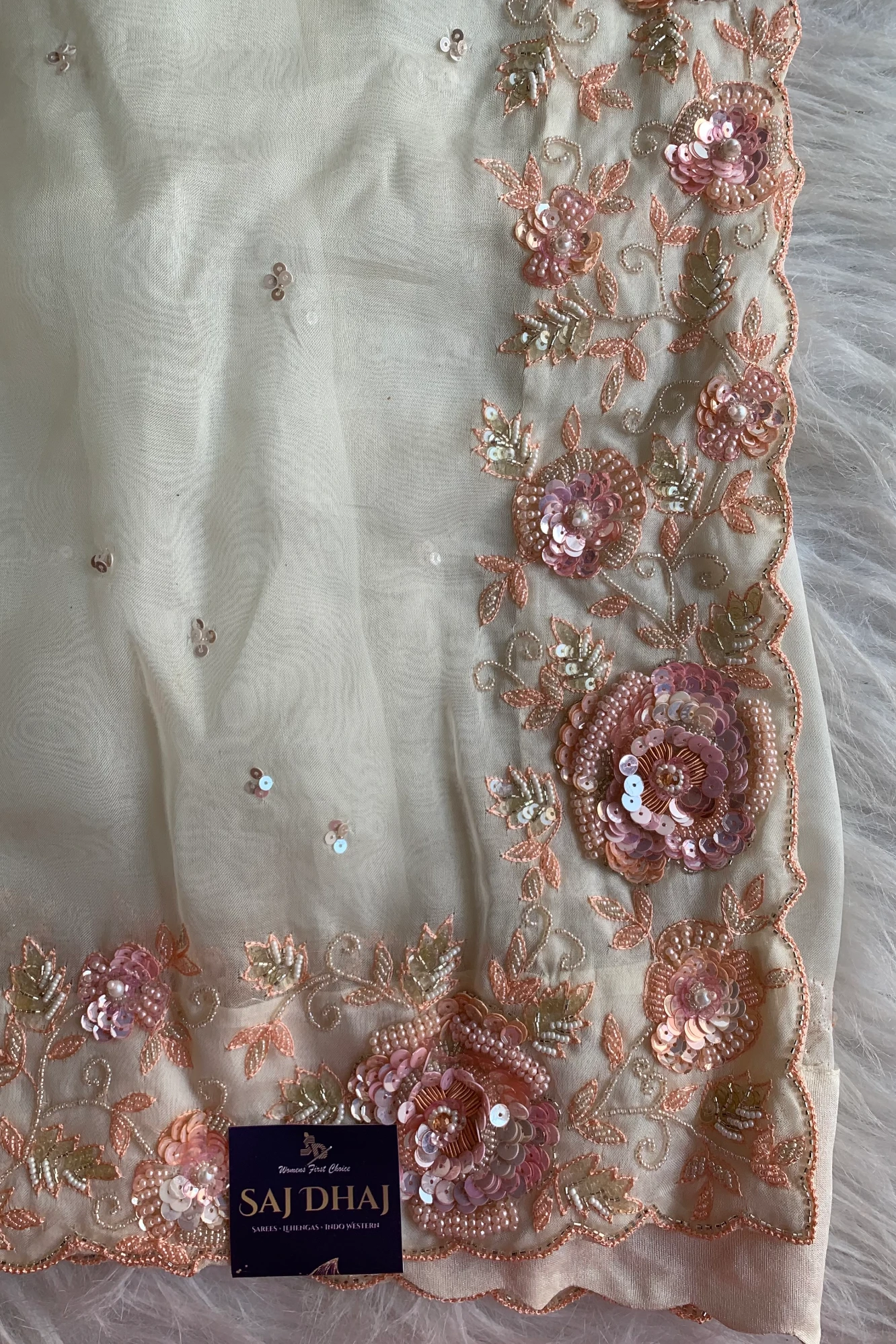 Ivory 3D Pure Silk Organza Saree 5850 08