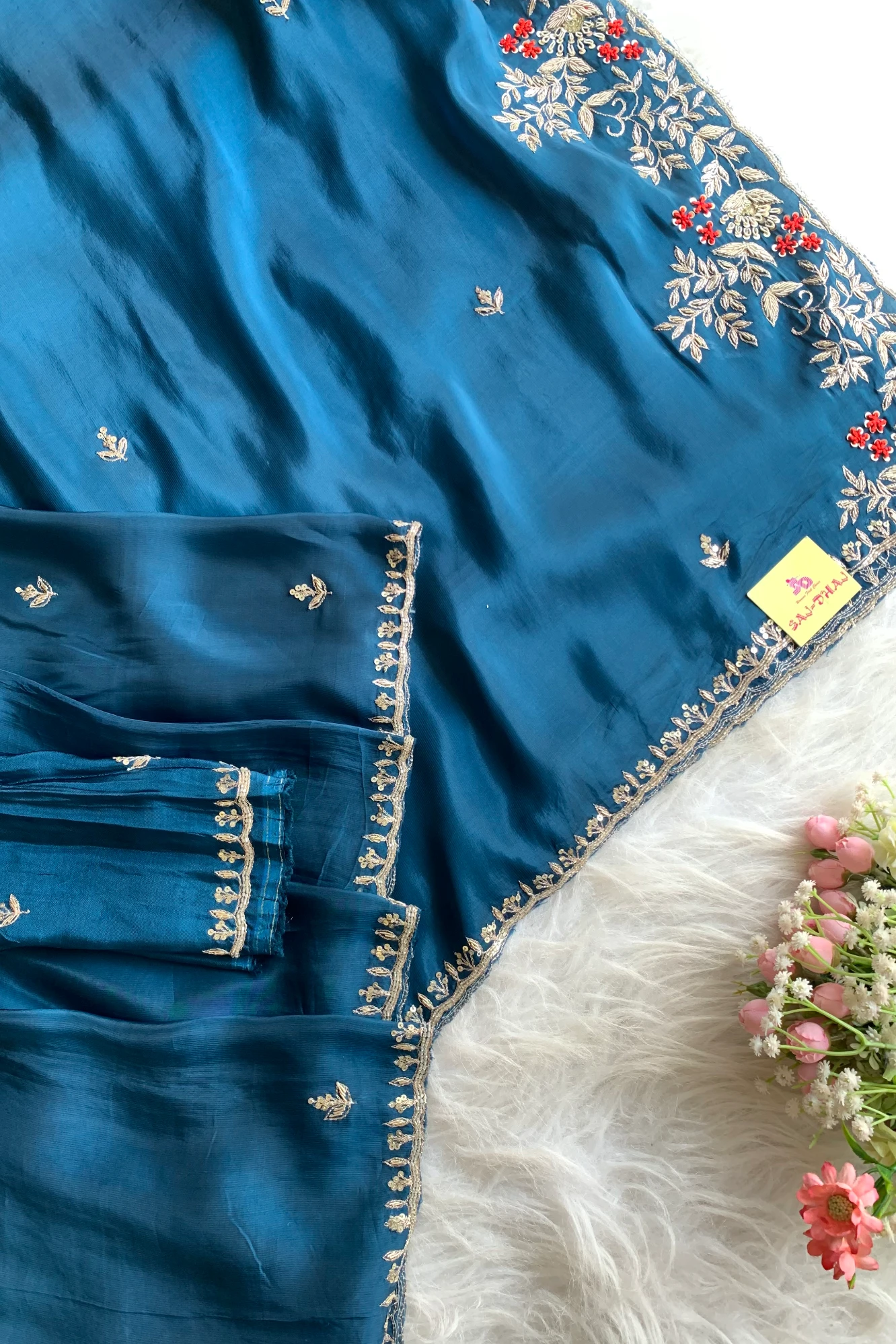 Peacock Blue Embroidered Habutai Silk Saree 5535 09