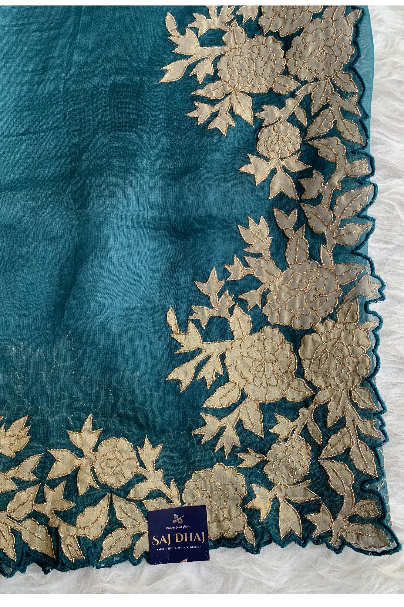 Peacock Blue Kora Silk Saree with Appliqué Border Work 5818 03