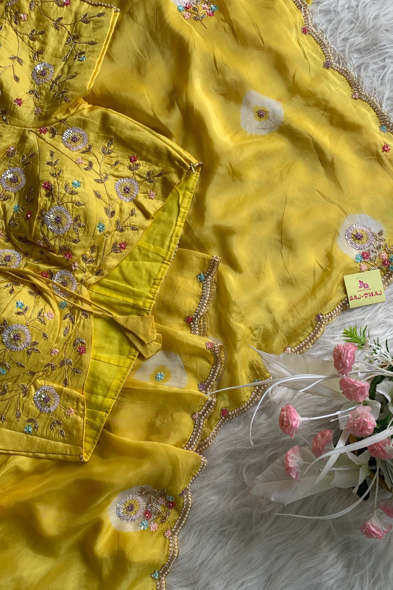 Lemon Yellow Habutai Silk Saree Tie&Dye Design 5650 09